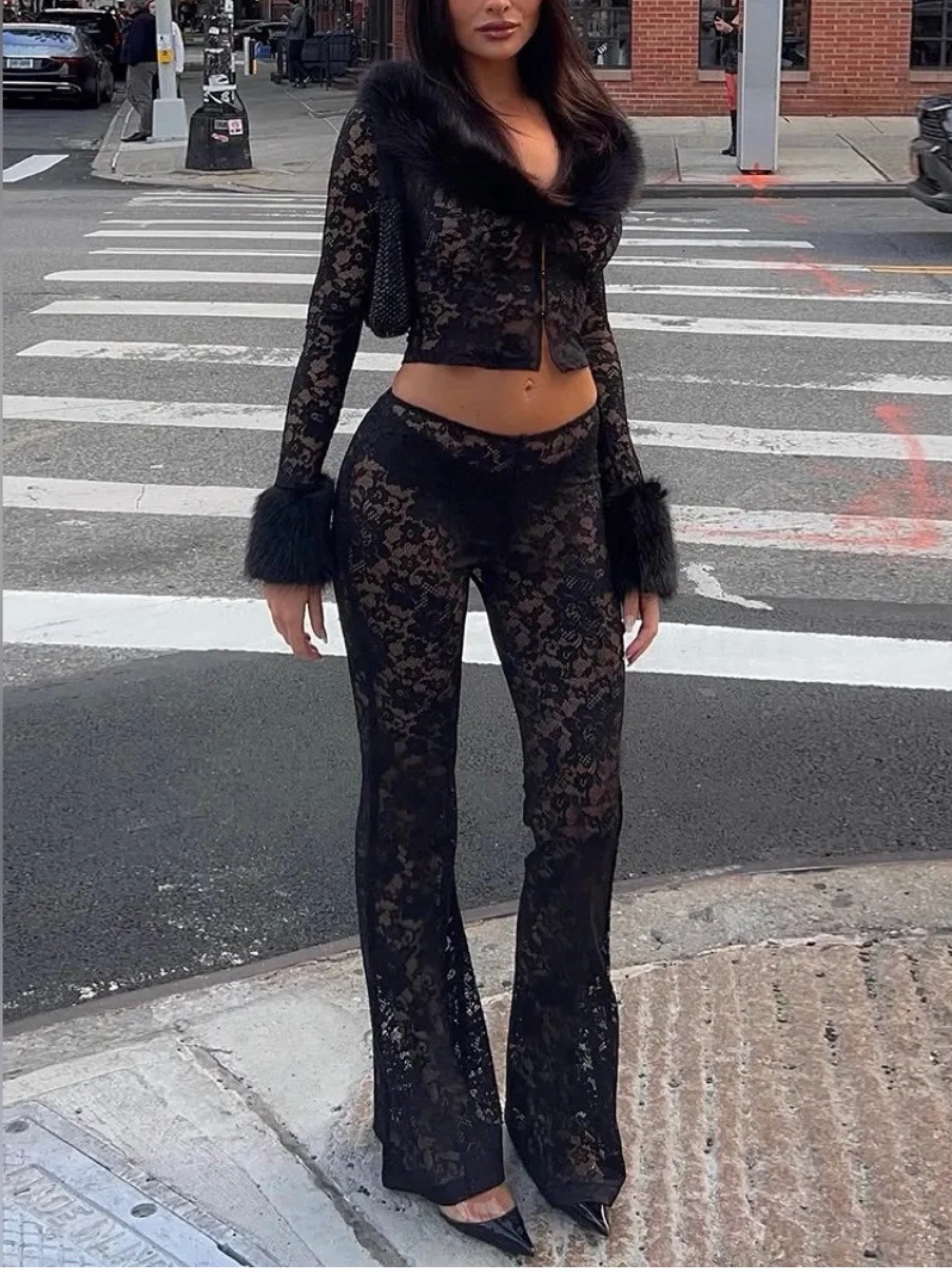 Black Lace Flared Crop Set by Reformation - Pickle