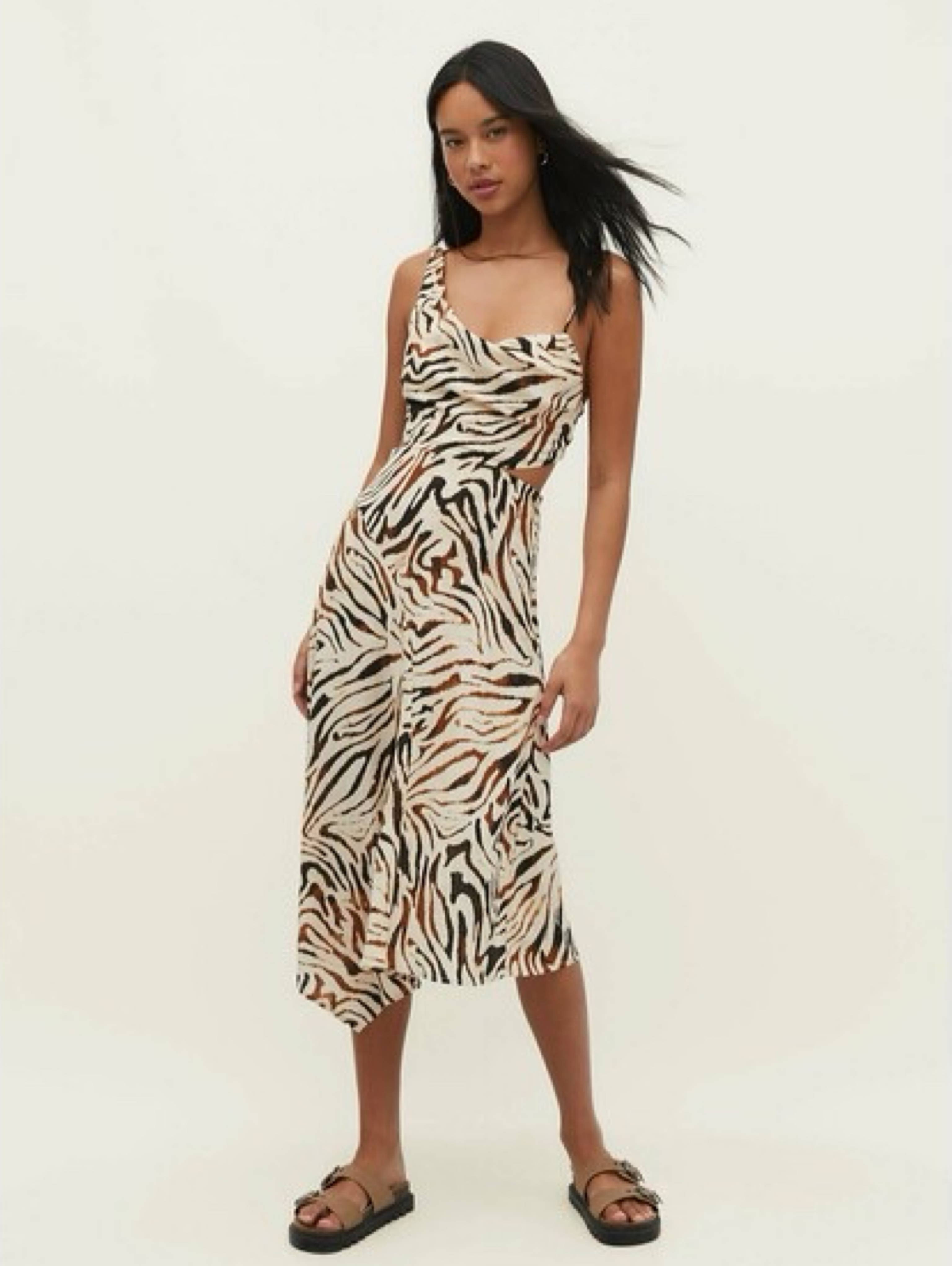 Stradivarius- ZEBRA PRINT ASYMMETRIC MIDI Sukienka letnia beige