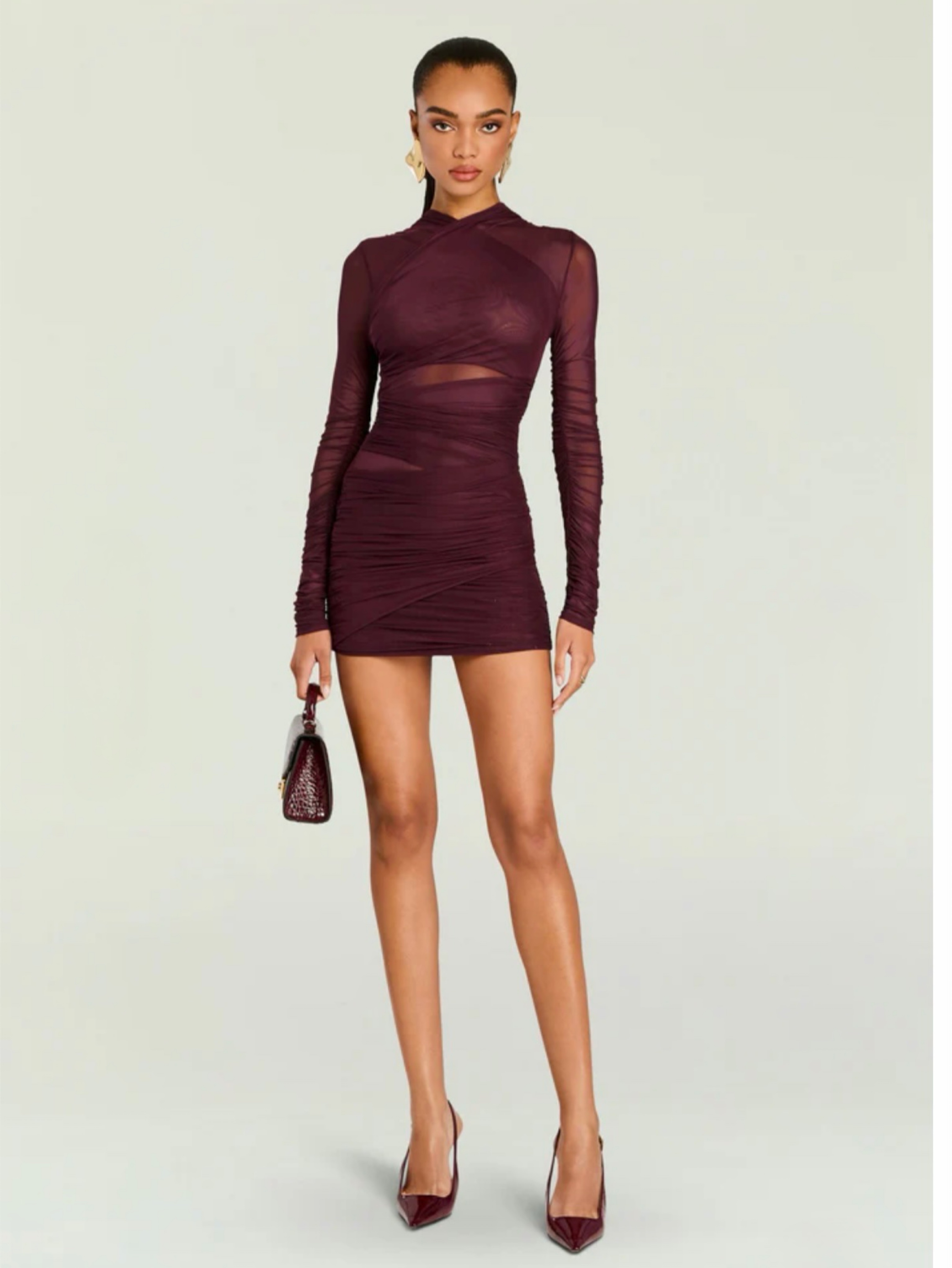 SEROYA- MOXEY RUCHED MESH MINI DRESS MERLOT