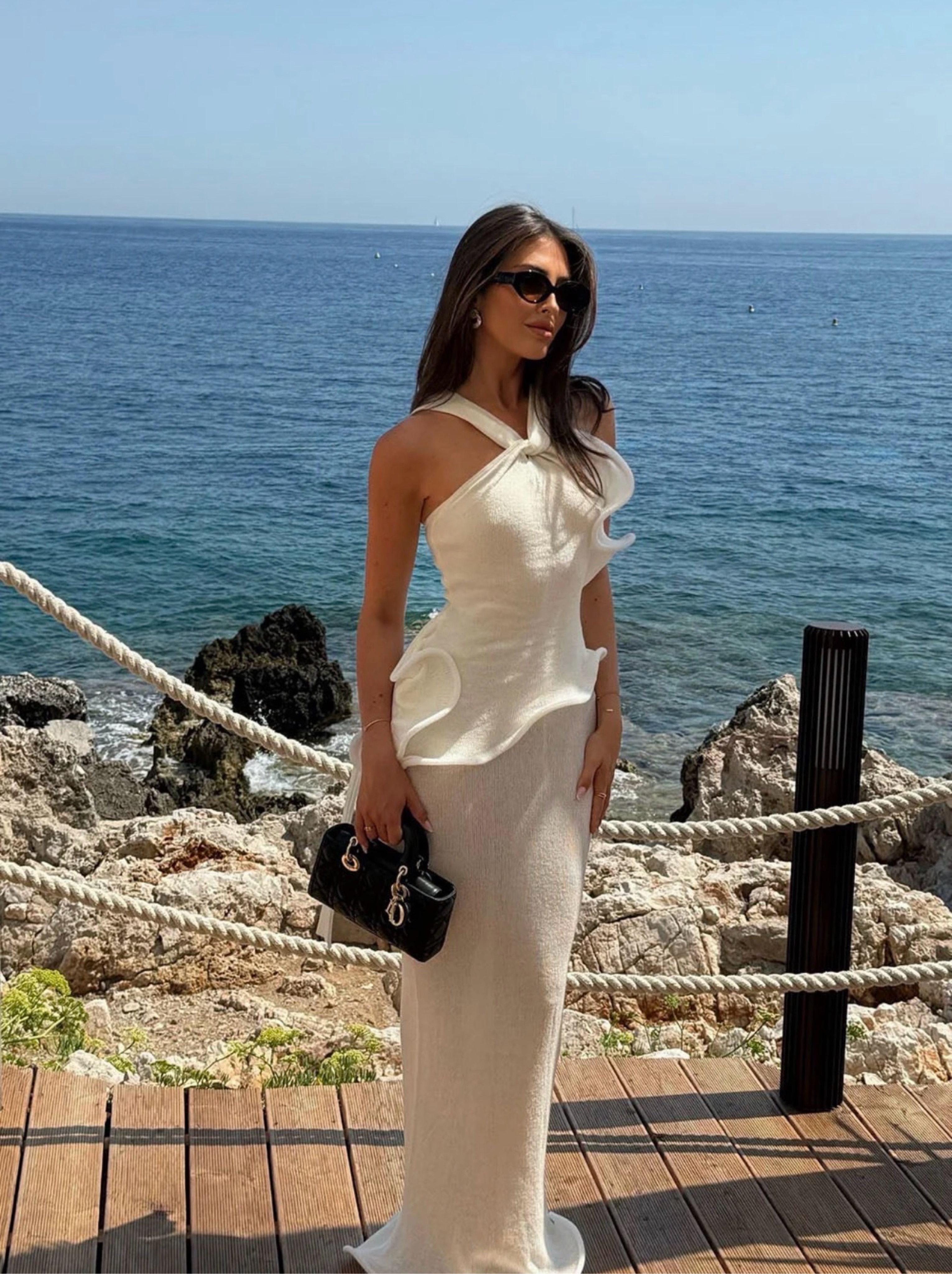 Cream Halter Neck Ruffle Maxi Dress