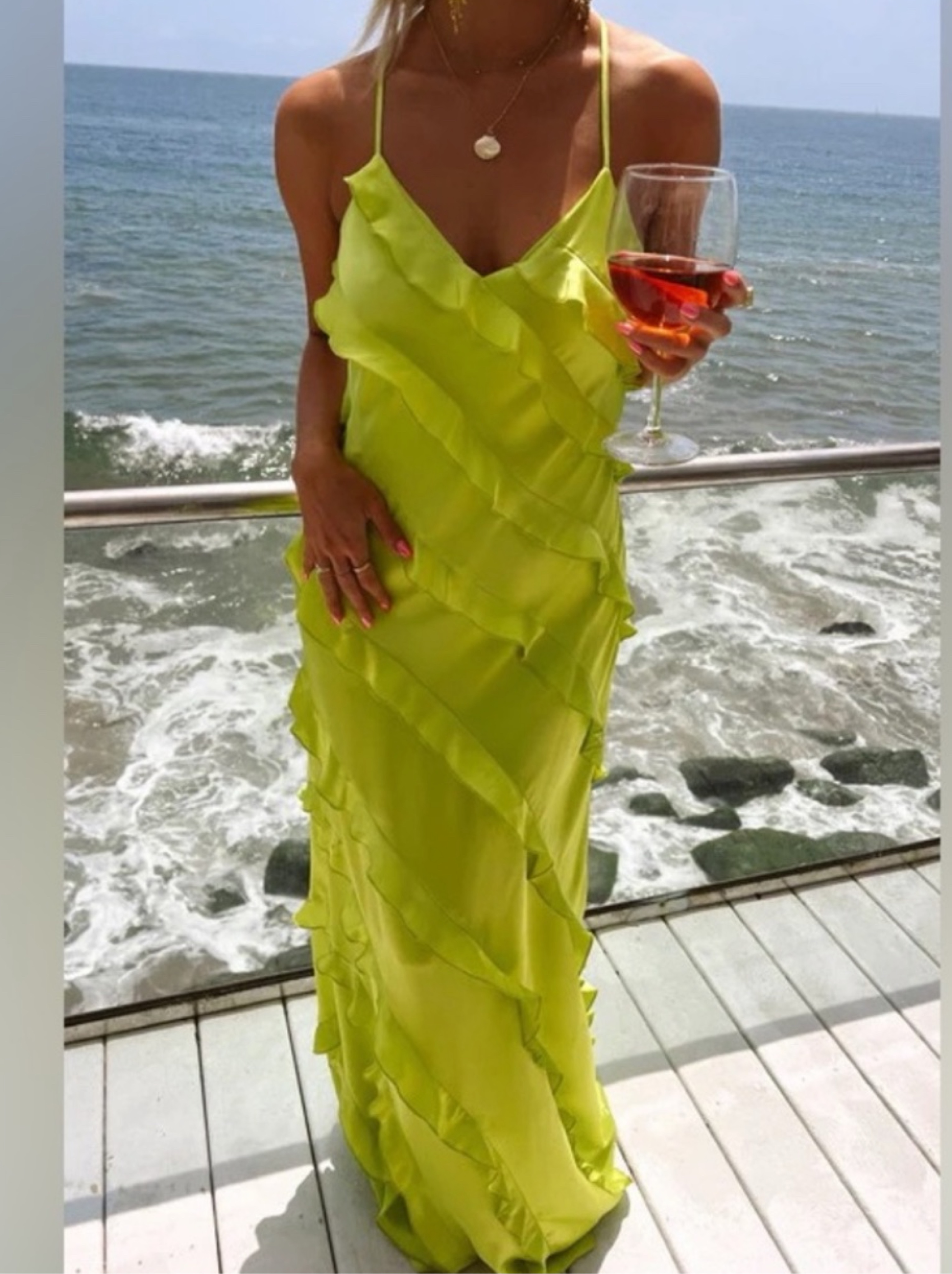 Neon Yellow Ruffled Wrap Maxi Dress