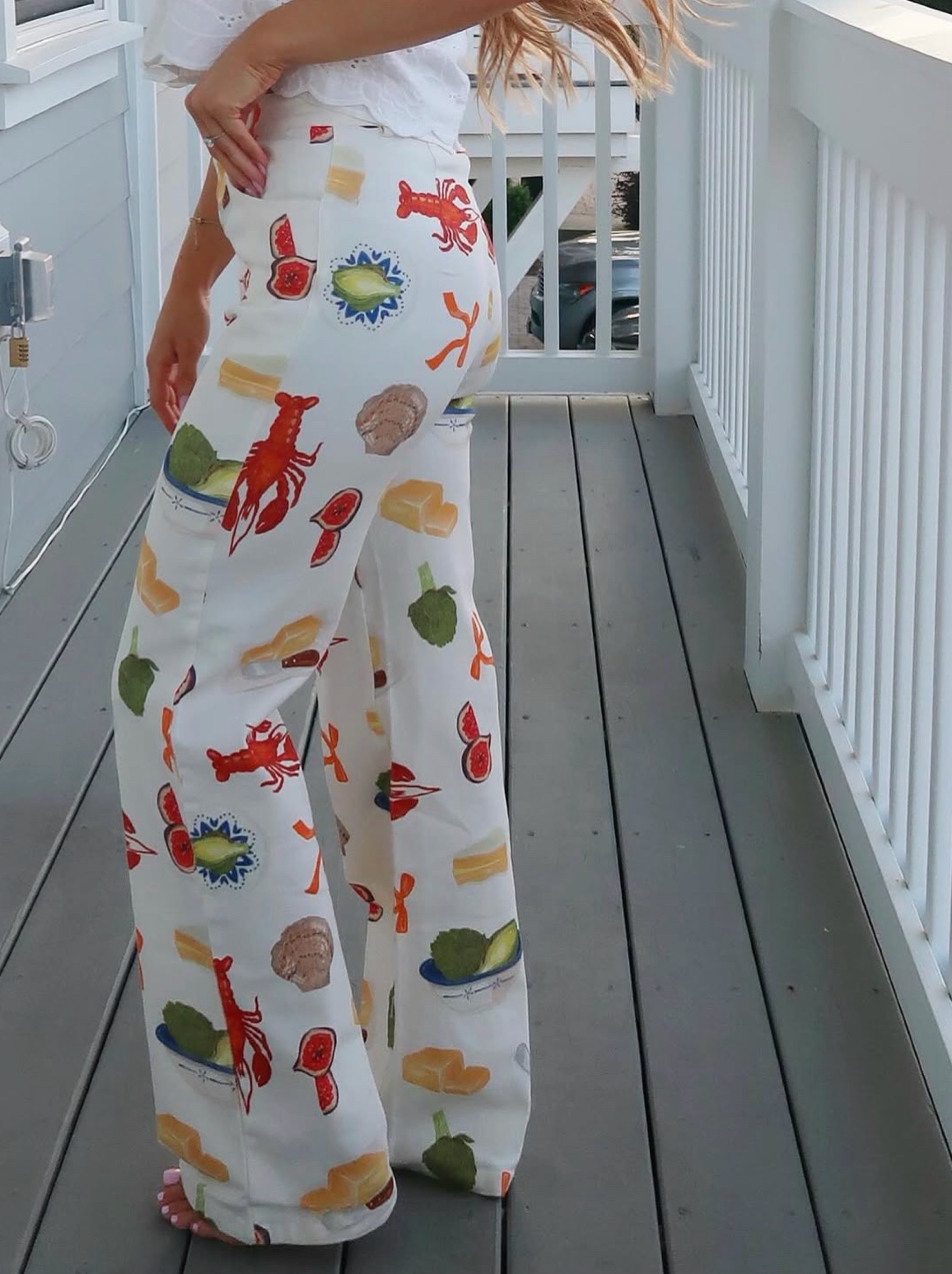 Cream Seafood Print Flare Pants