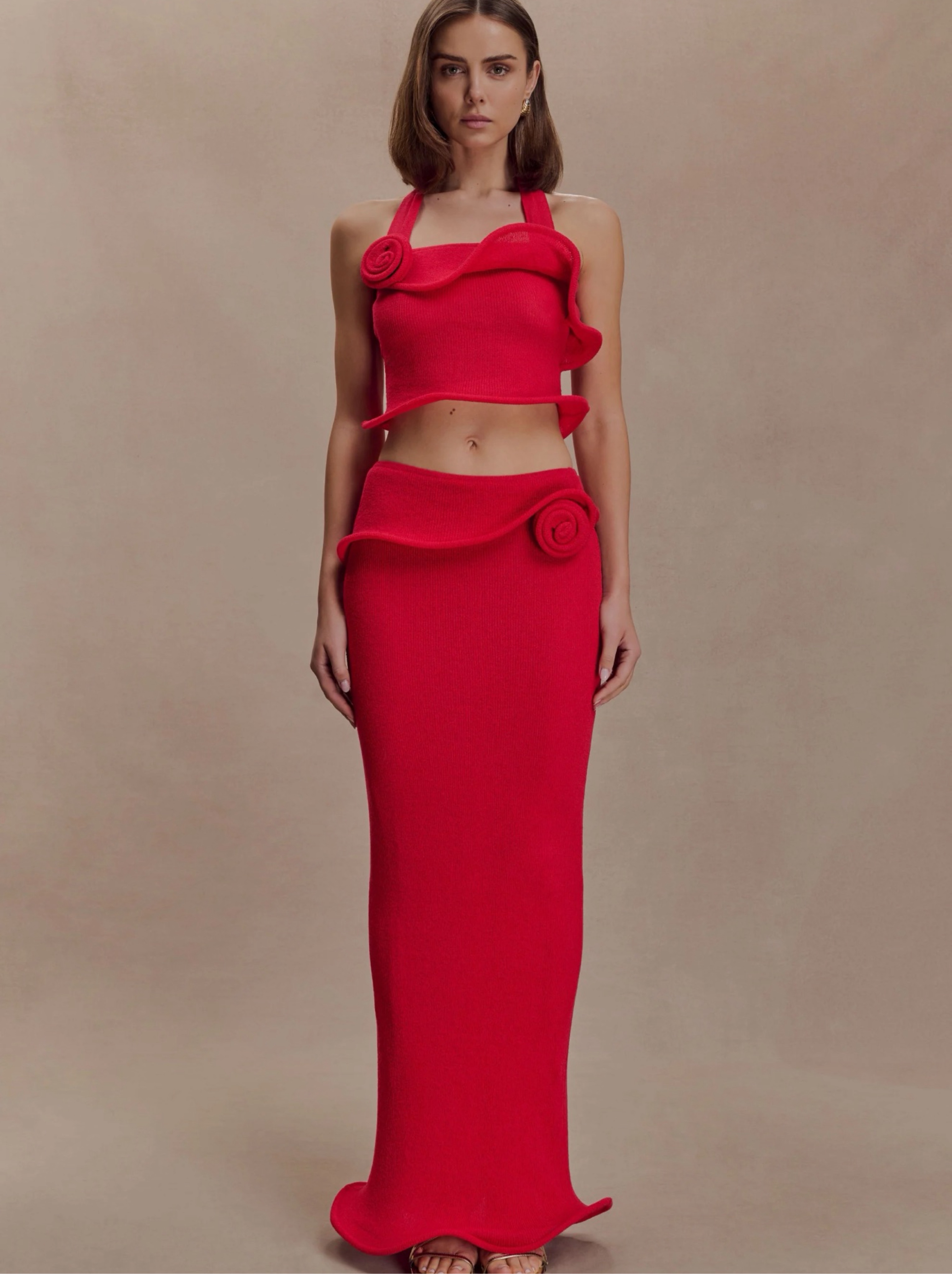 Red Knit Two-Piece Maxi Dress Set