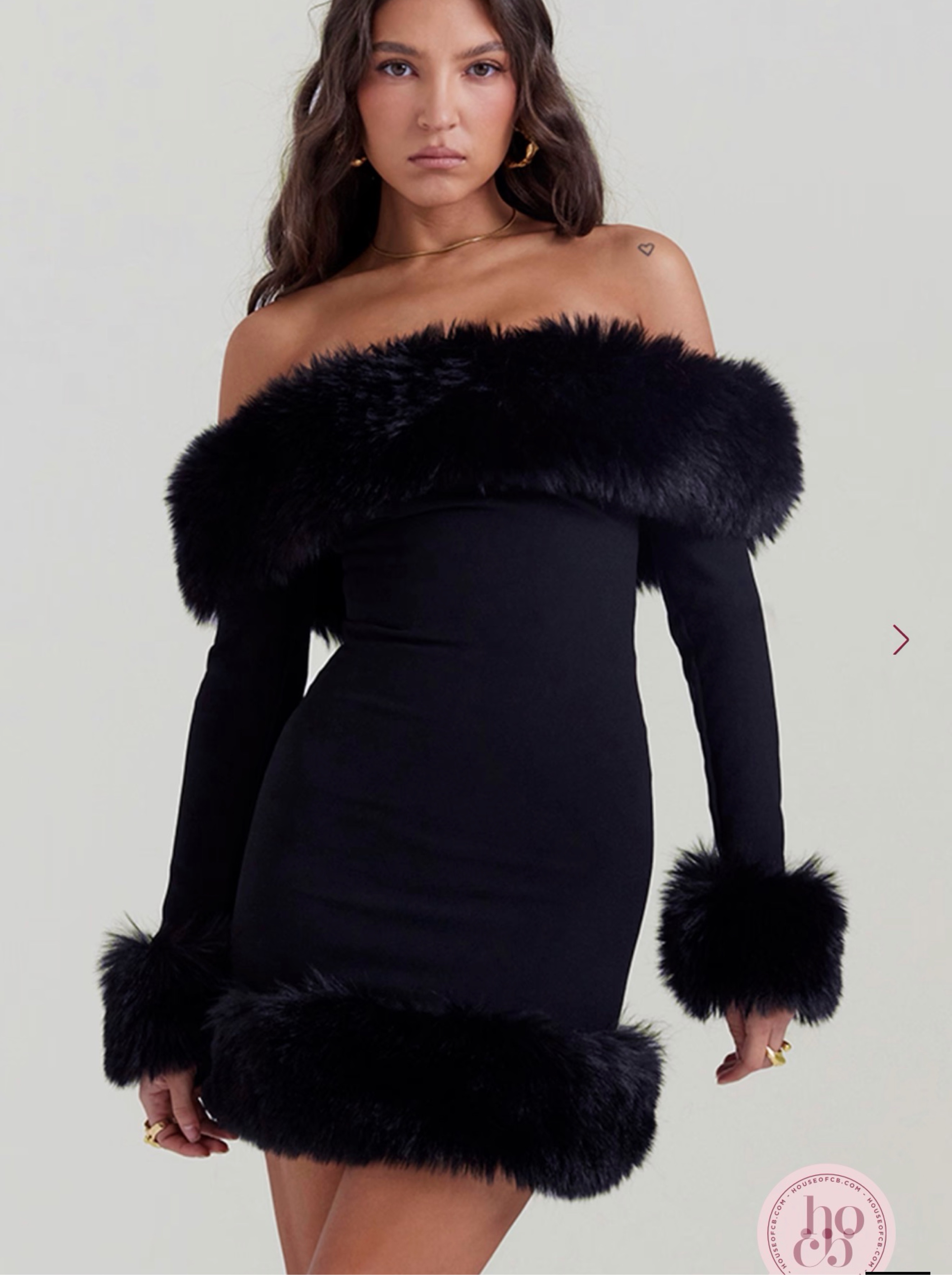 Black Faux Fur Trim Off-Shoulder Mini Dress