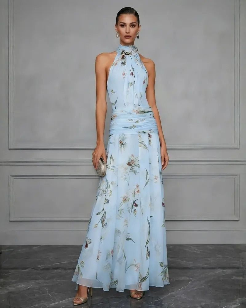 Floral Chiffon Halter Maxi Dress - Light Blue
