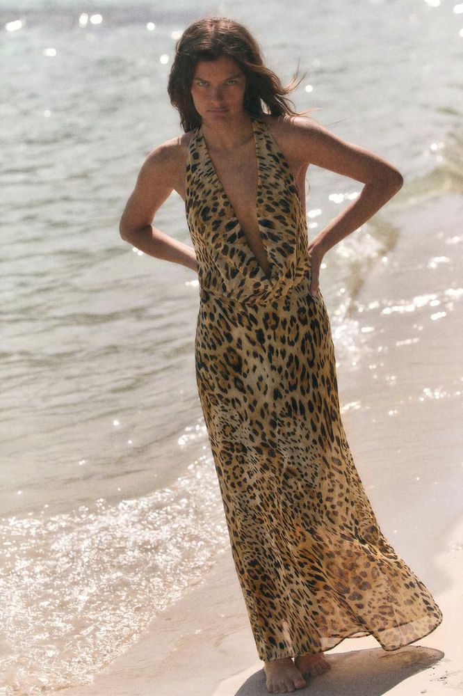 Zara Animal Print Georgette Halter Long Dress - Leopard