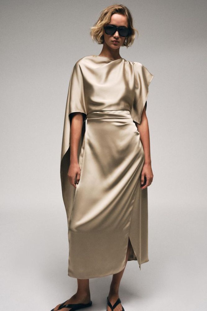Zara Satin Effect Cape Midi Dress - Soft Gold
