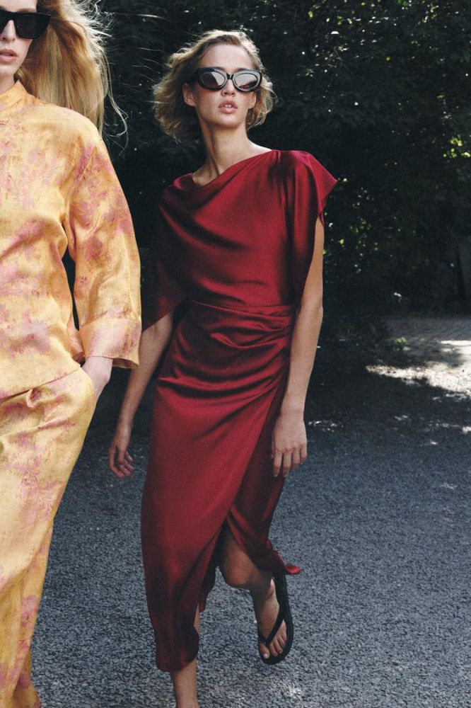 Zara Satin Effect Cape Midi Dress - Red