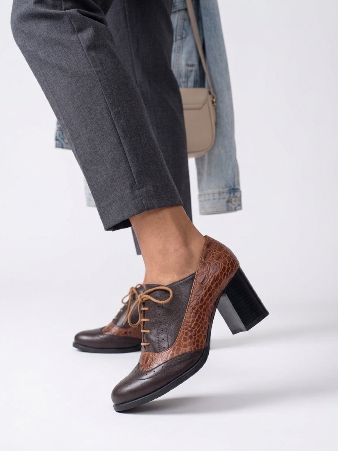 Brown Leather Croc Embossed Oxford Booties