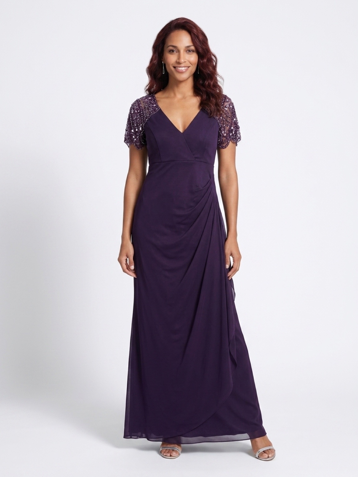 Stunning Deep Purple Evening Gown - Beaded Cap Sleeves -