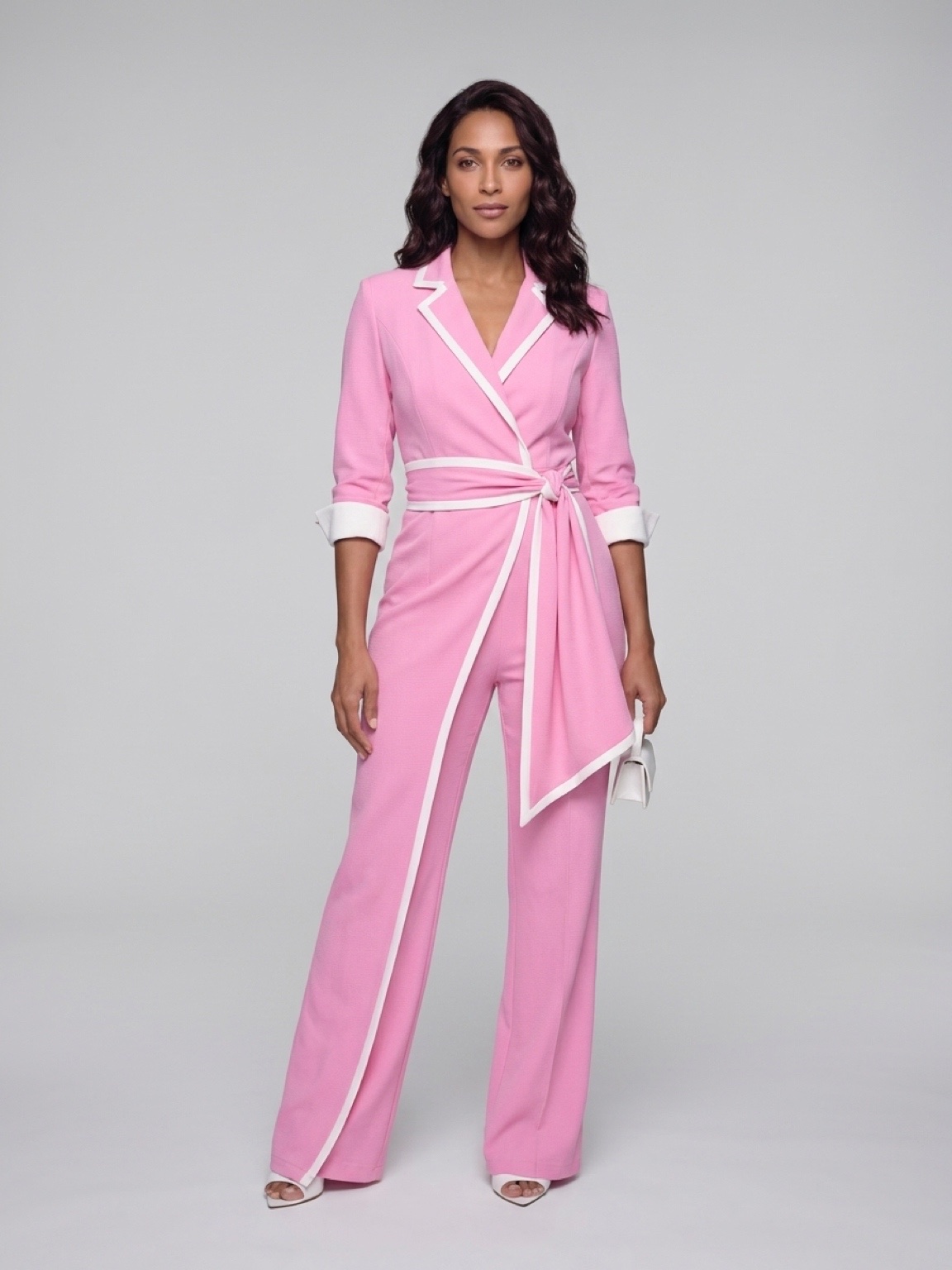 Pink White Trim Blazer Jumpsuit