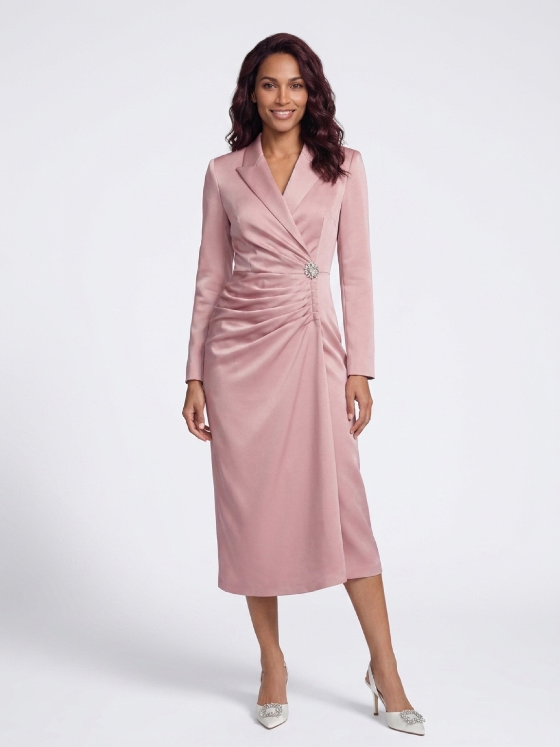 Pink Wrap Midi Dress with Ruching