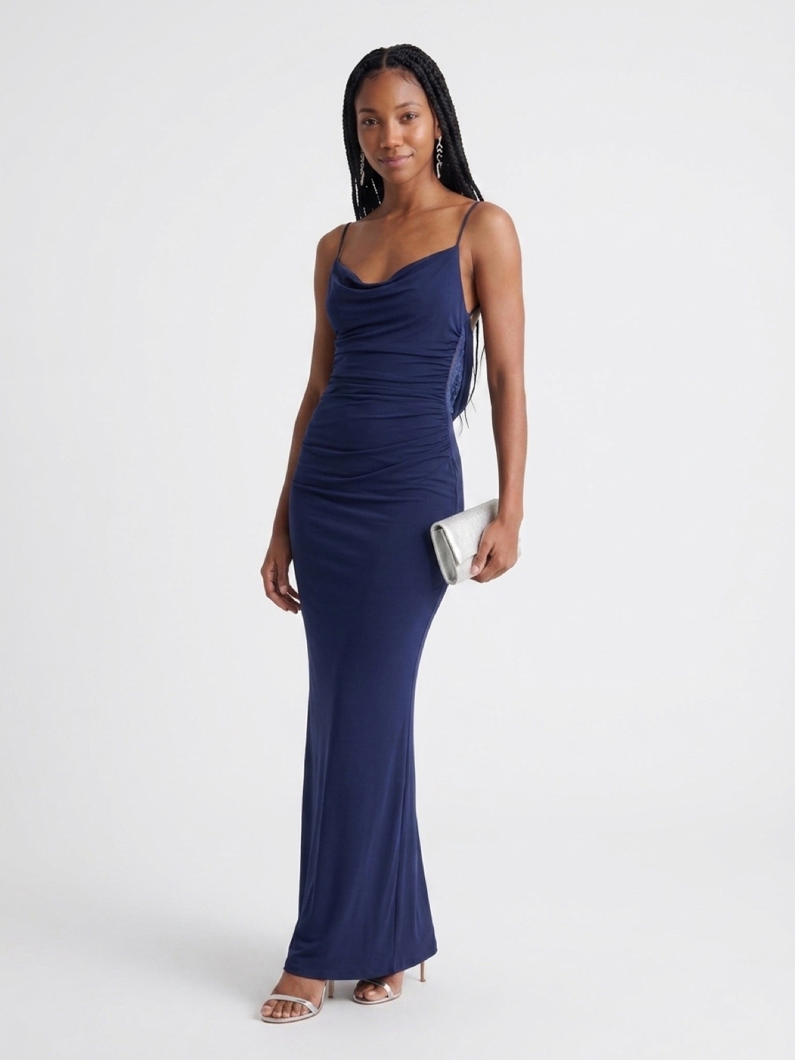 Navy Blue Ruched Cowl Neck Maxi Dress