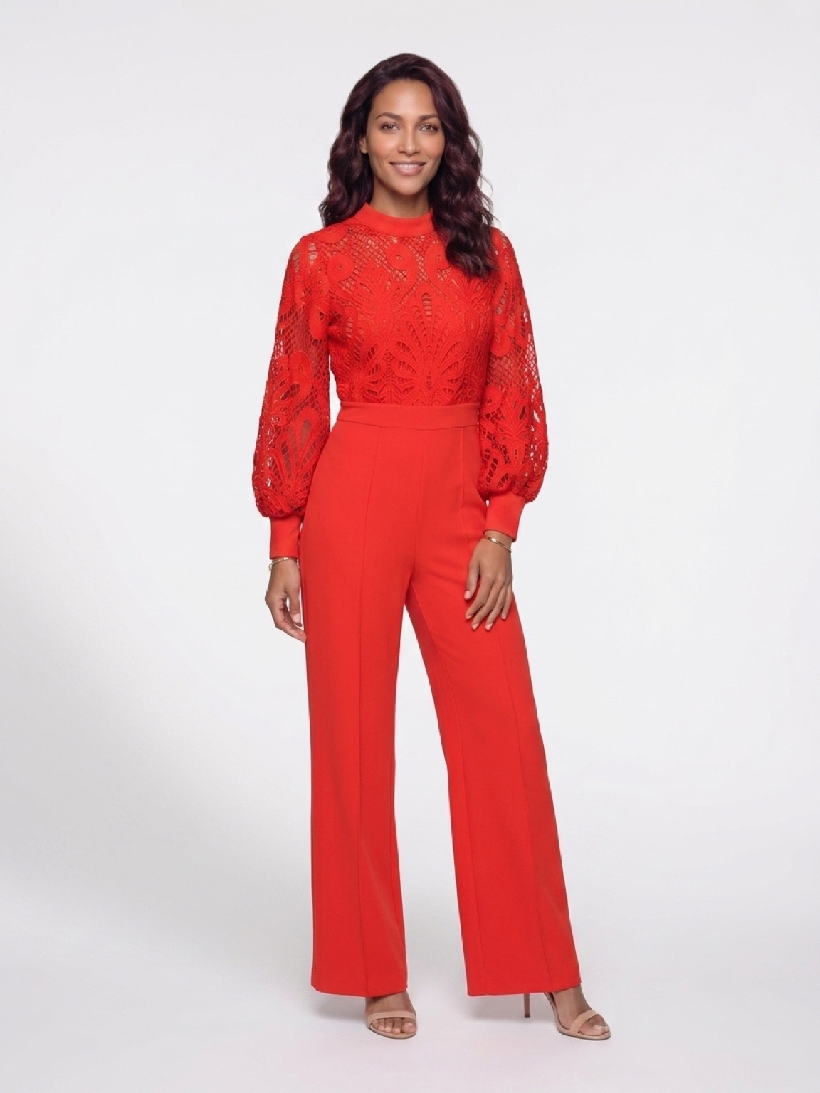 Red Lace Long-Sleeve Jumpsuit