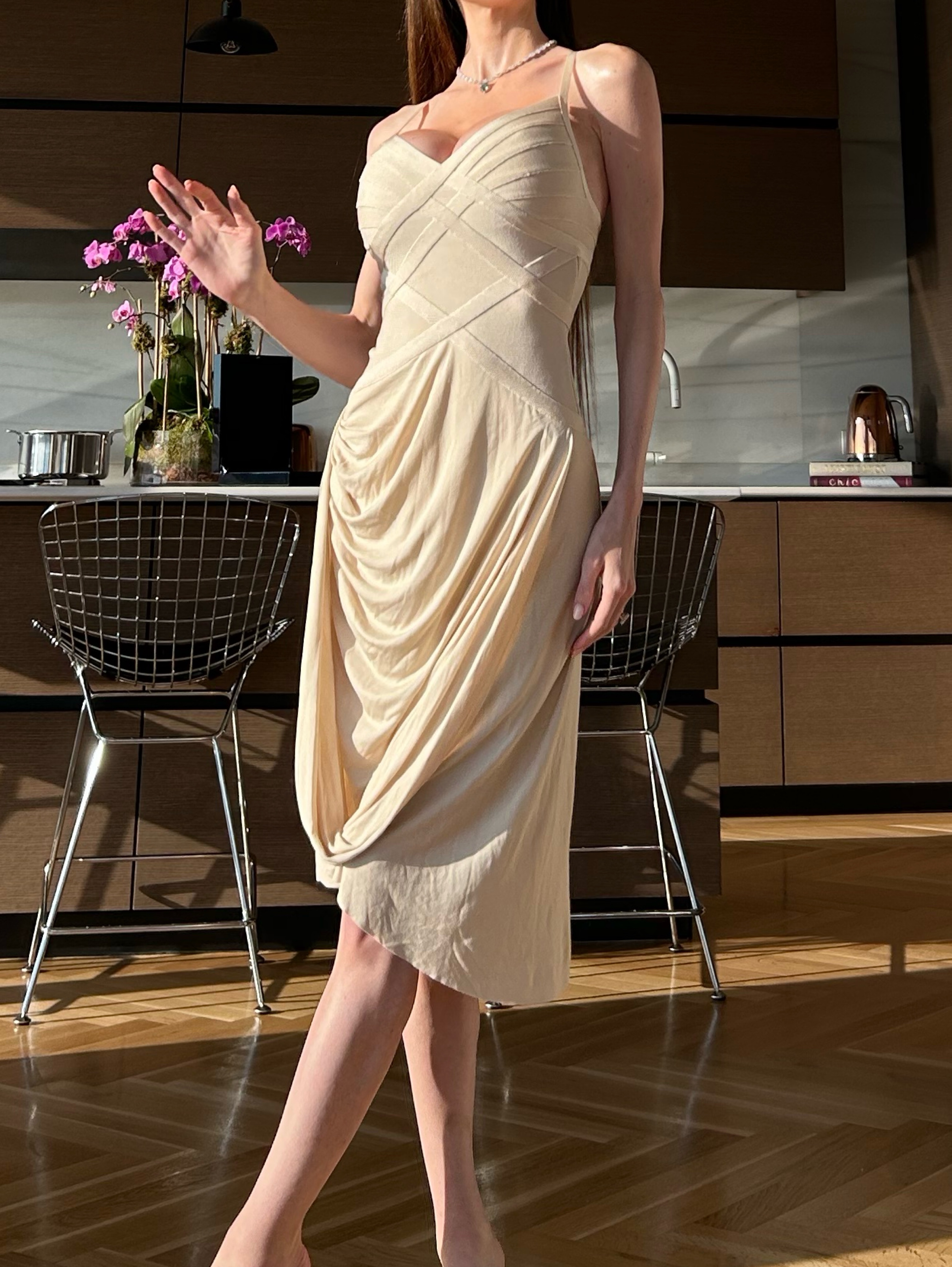 cream nude dress SHEIN BAE Nude Cream Ruched Venus Hem A-Line Dress,Elegant Summer Vacation Holiday Strapless Long Draped Greek Goddess Dress For Party, Date,Prom,Work