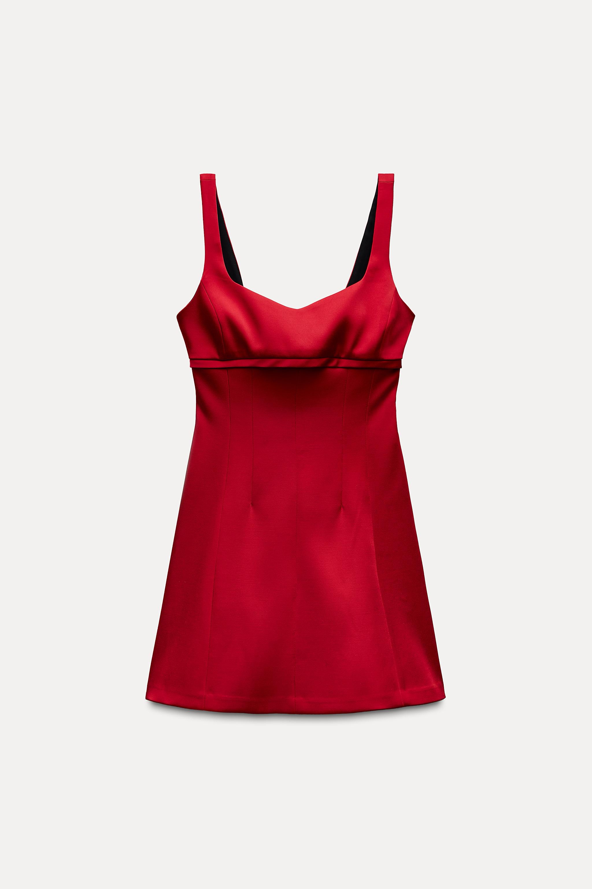 zara red dress satin CONTRAST PIPING SATIN MINI DRESS - Red