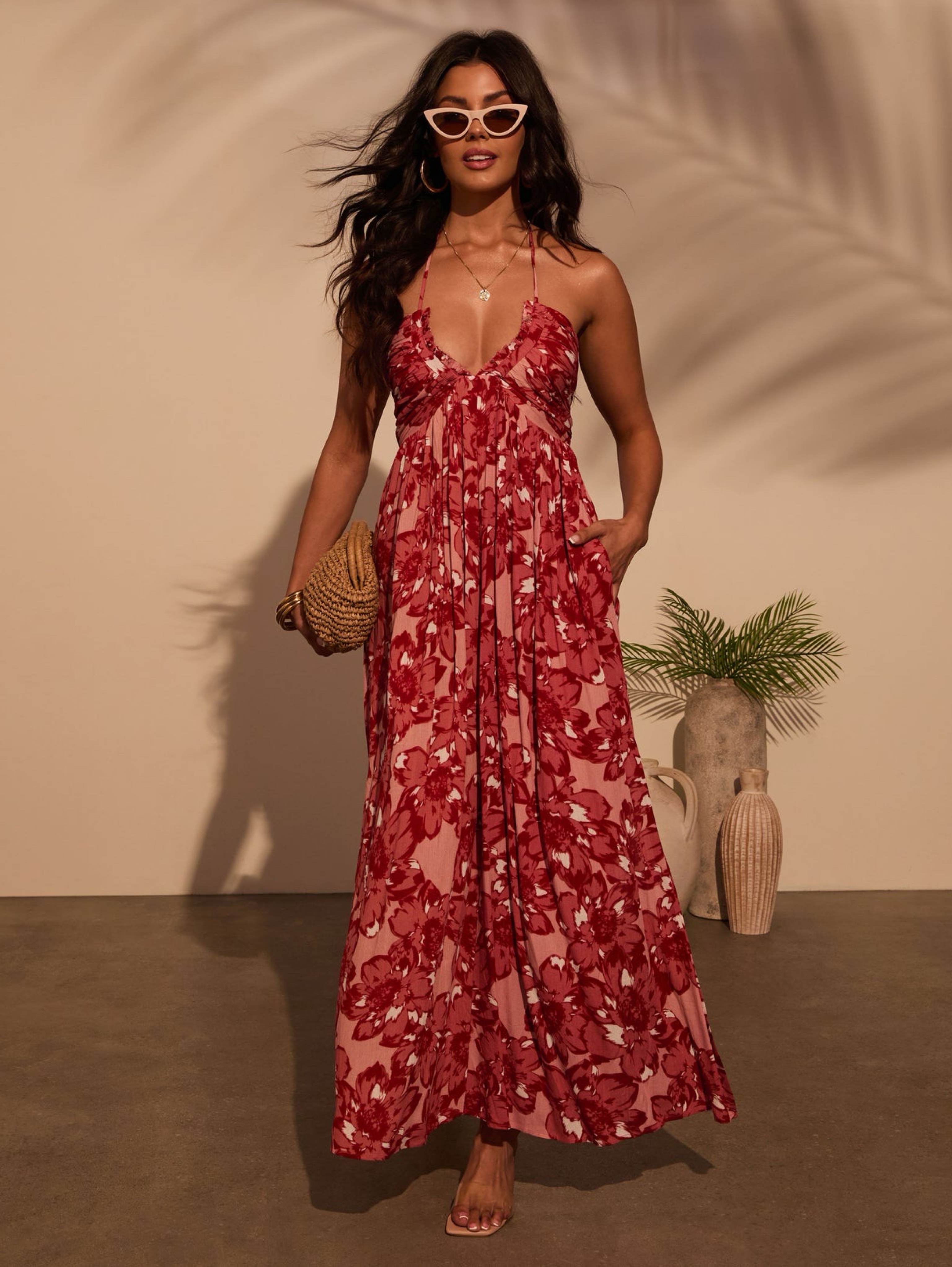 Dark Pink Floral Print Maxi Dress