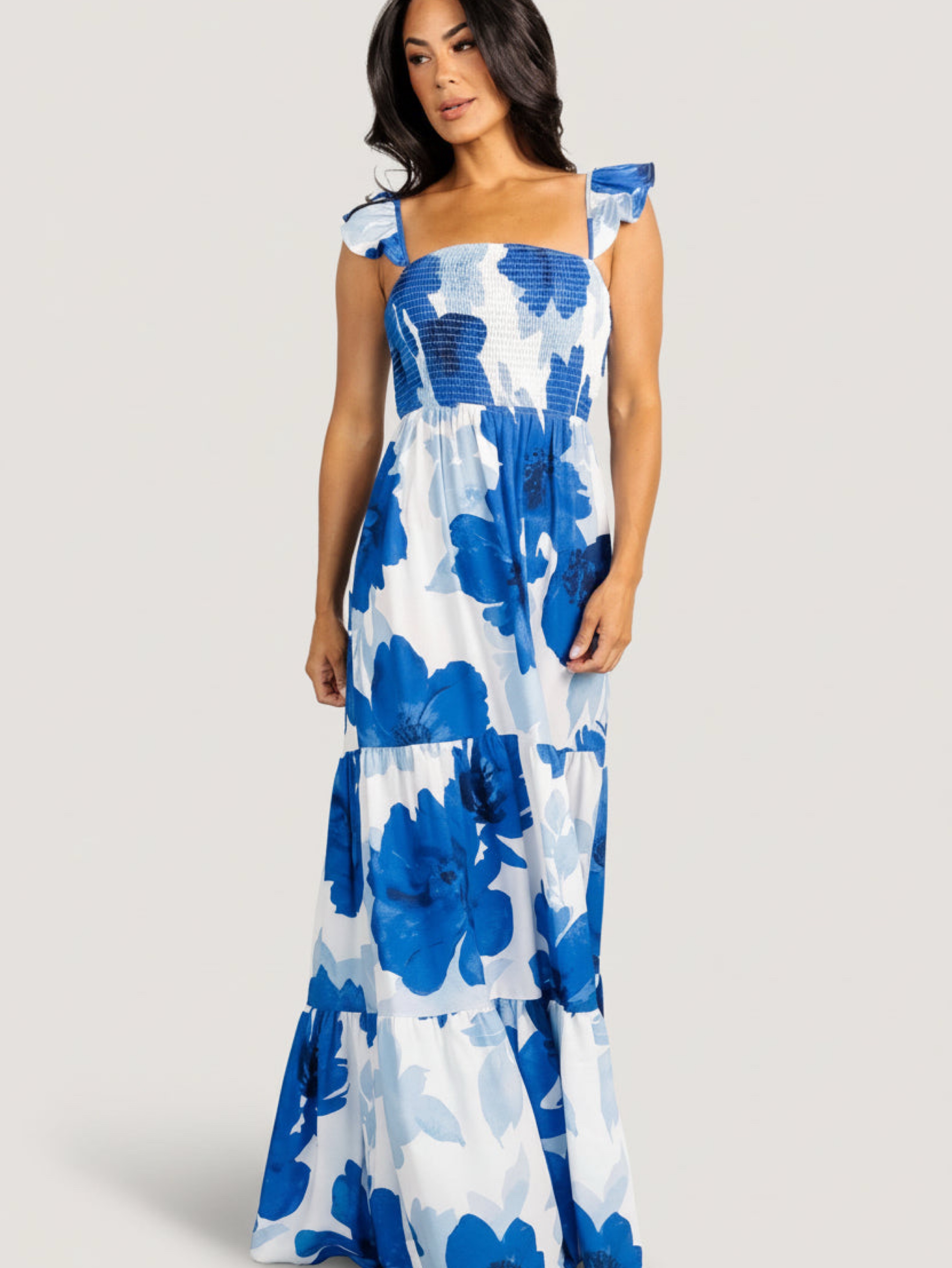 Blue White Floral Print Maxi Dress