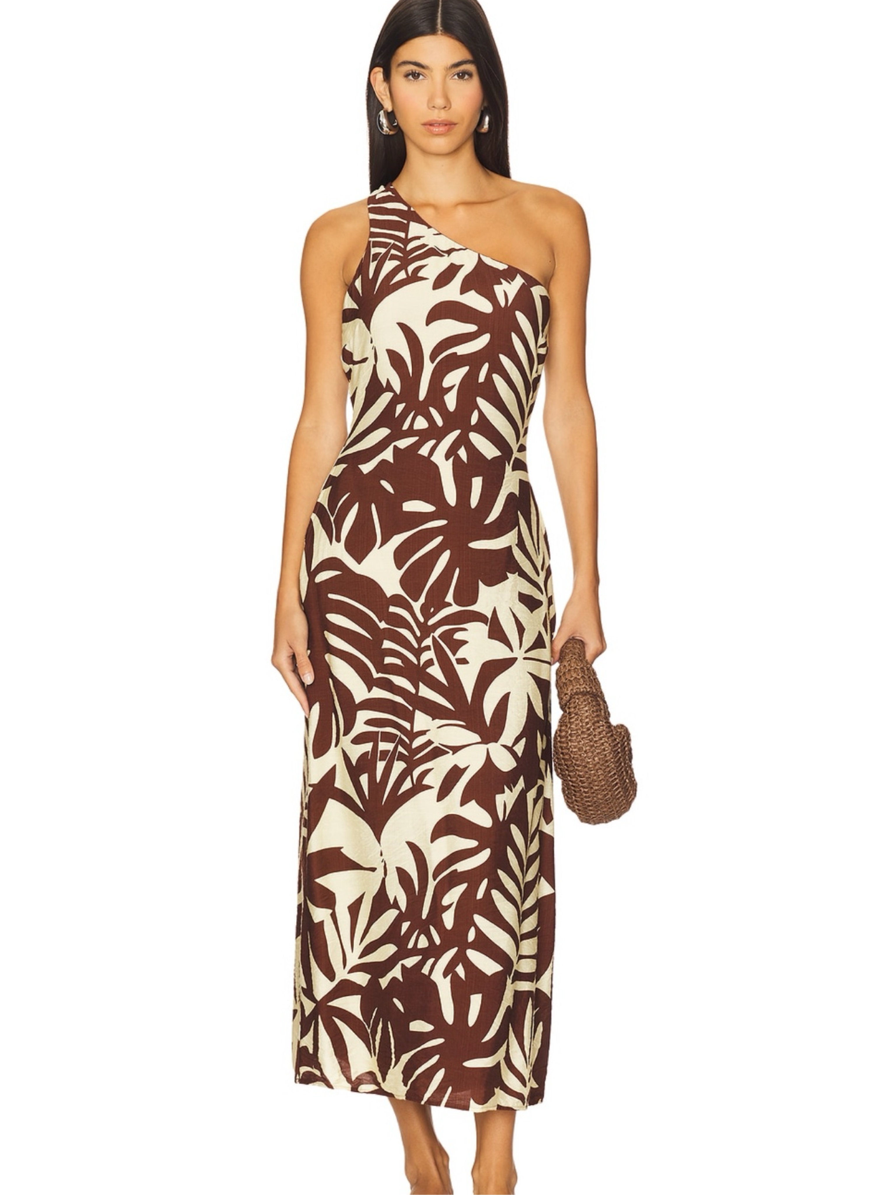 Brown Cream Tropical One-Shoulder Matelo Midi Dress by Seven Wonder
