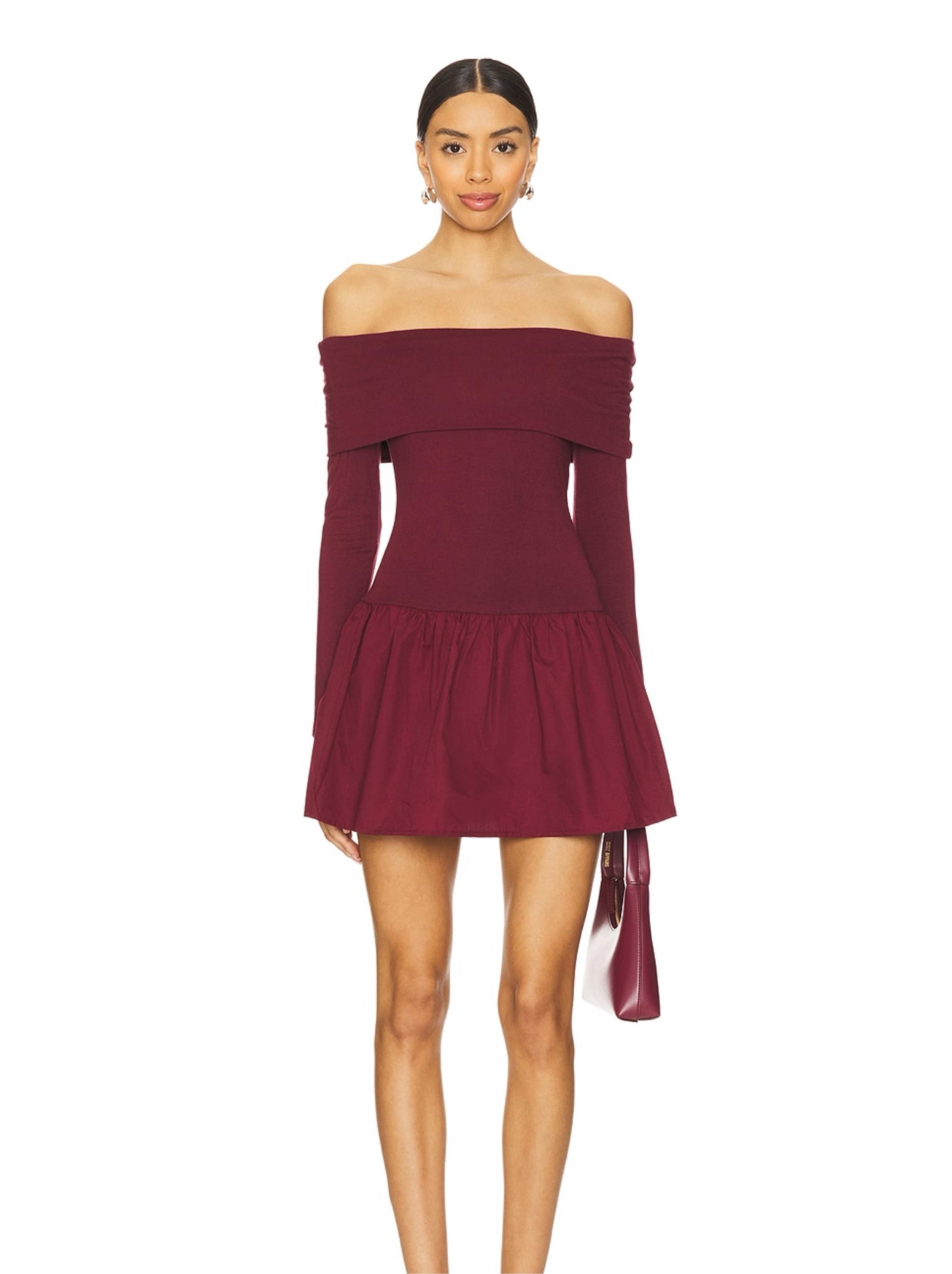 Madley Mini Dress / Burgundy Off-Shoulder Mini Dress