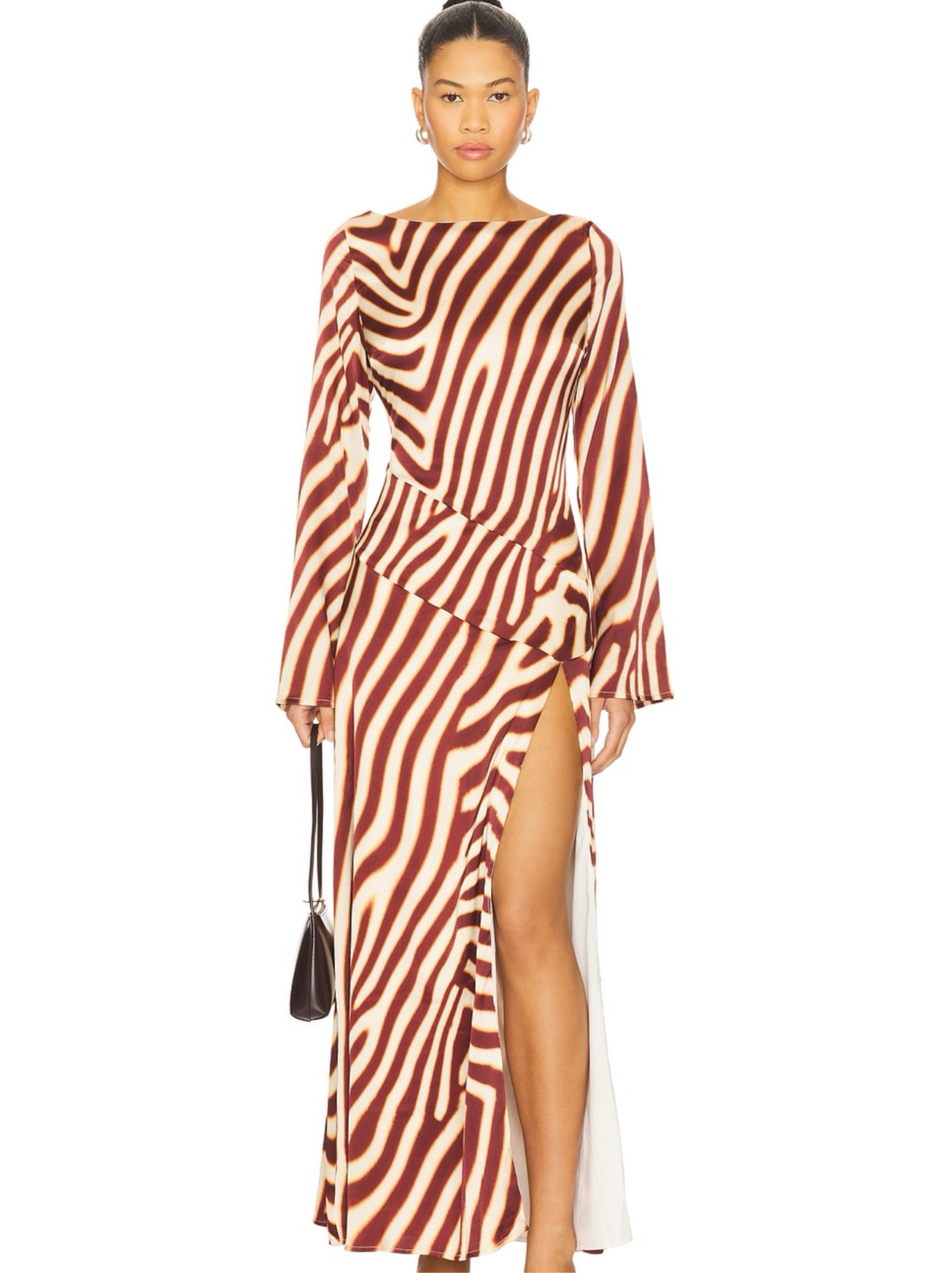 Burgundy/ Brown Cream Striped Silk Maxi Dress