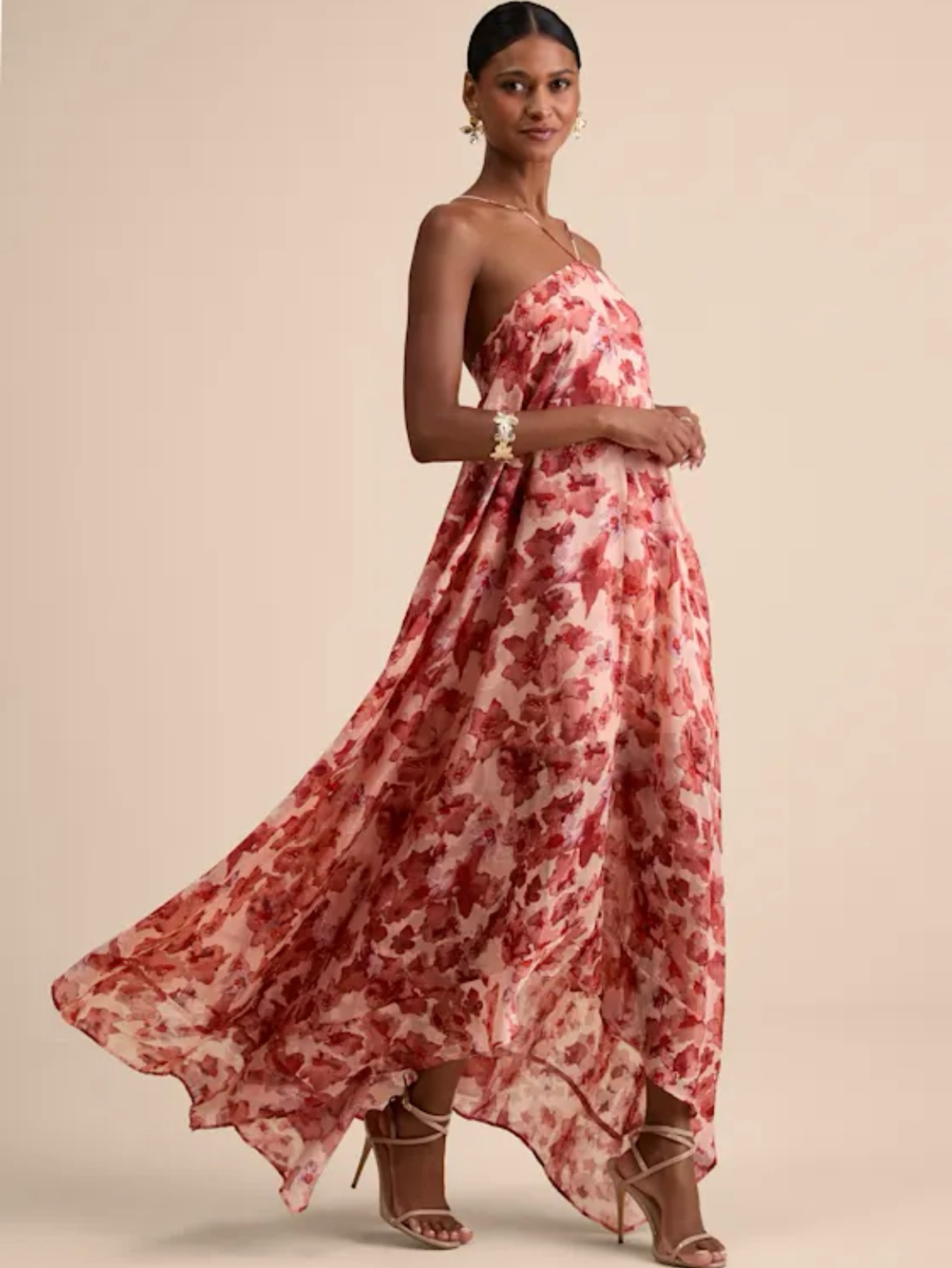 pink floral flowy dress Flowy A-Line V-Neck Pink Floral Tulle Bridesmaid Dresses