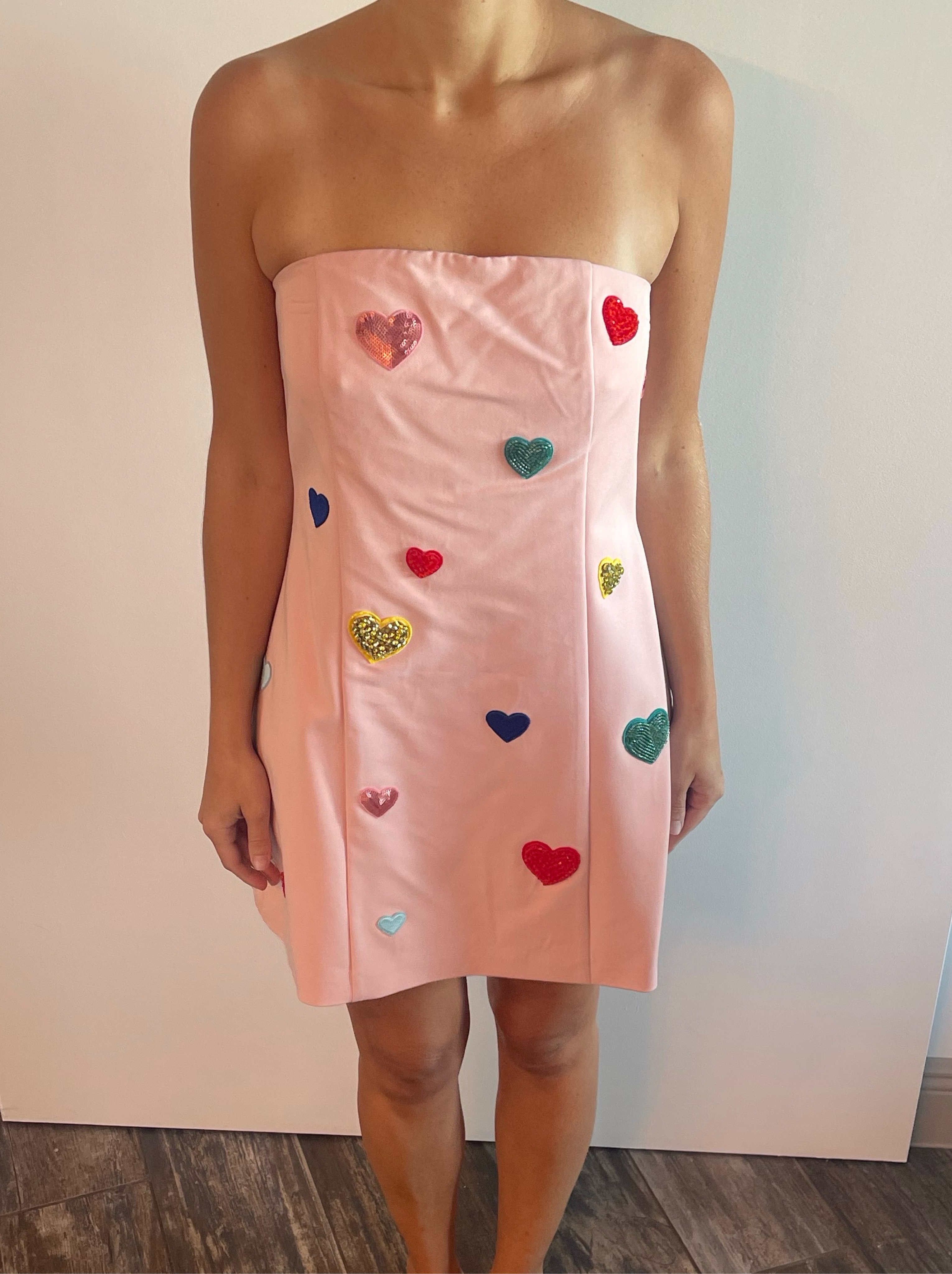Pink Embellished Heart Strapless Mini Dress