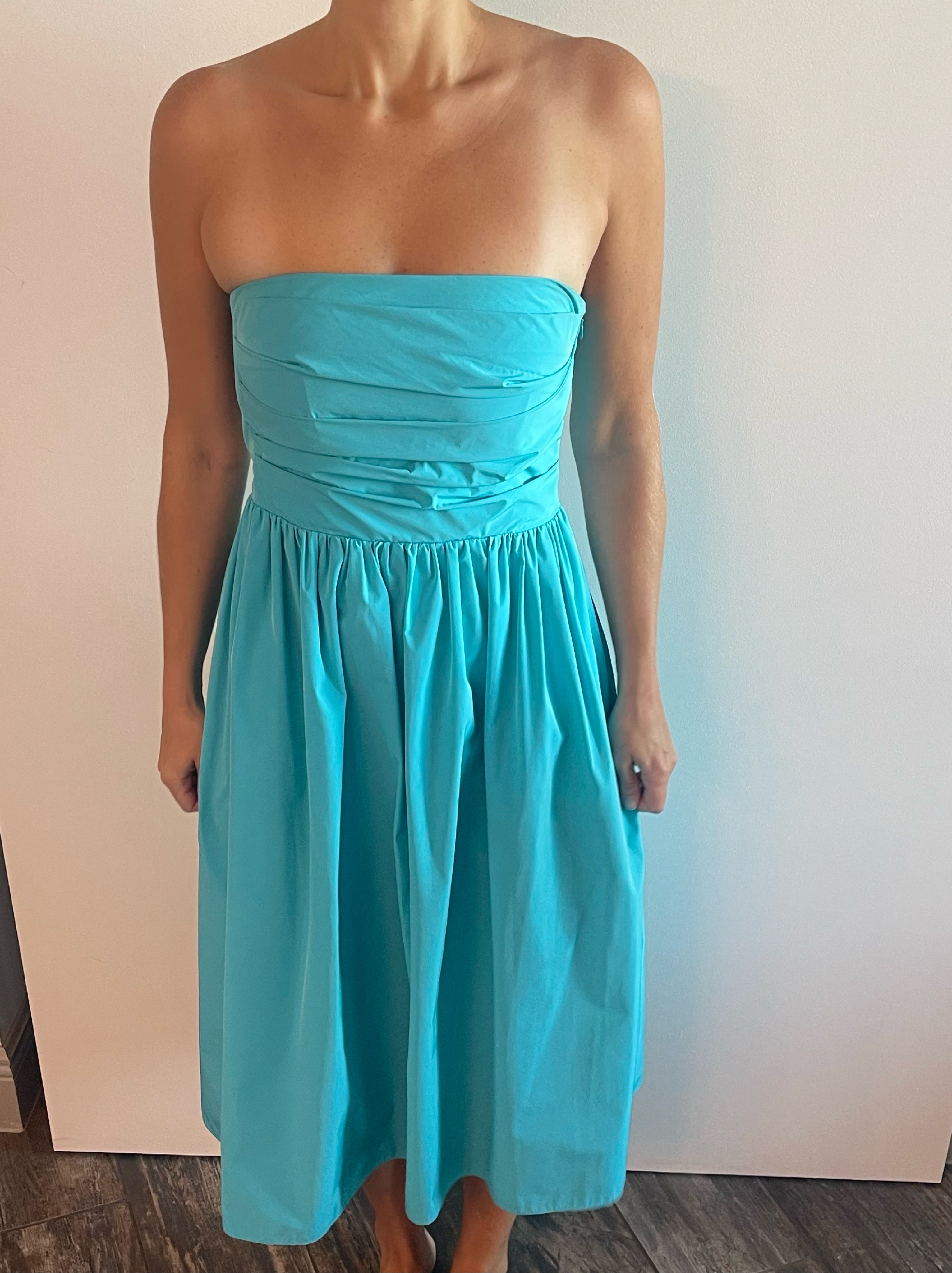 Turquoise Strapless Pleated Midi Dress