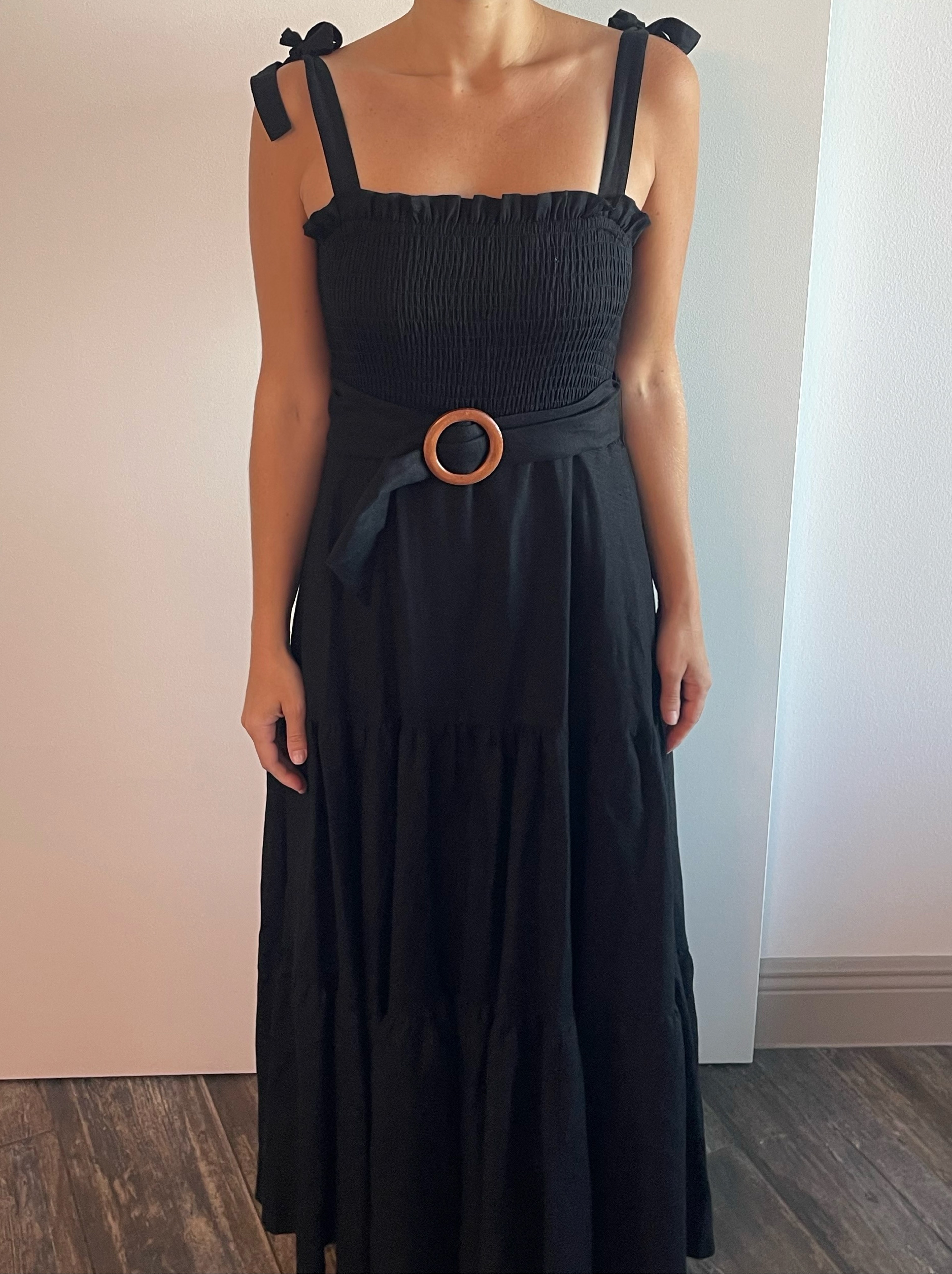 Black Smocked Dress with Tie Straps