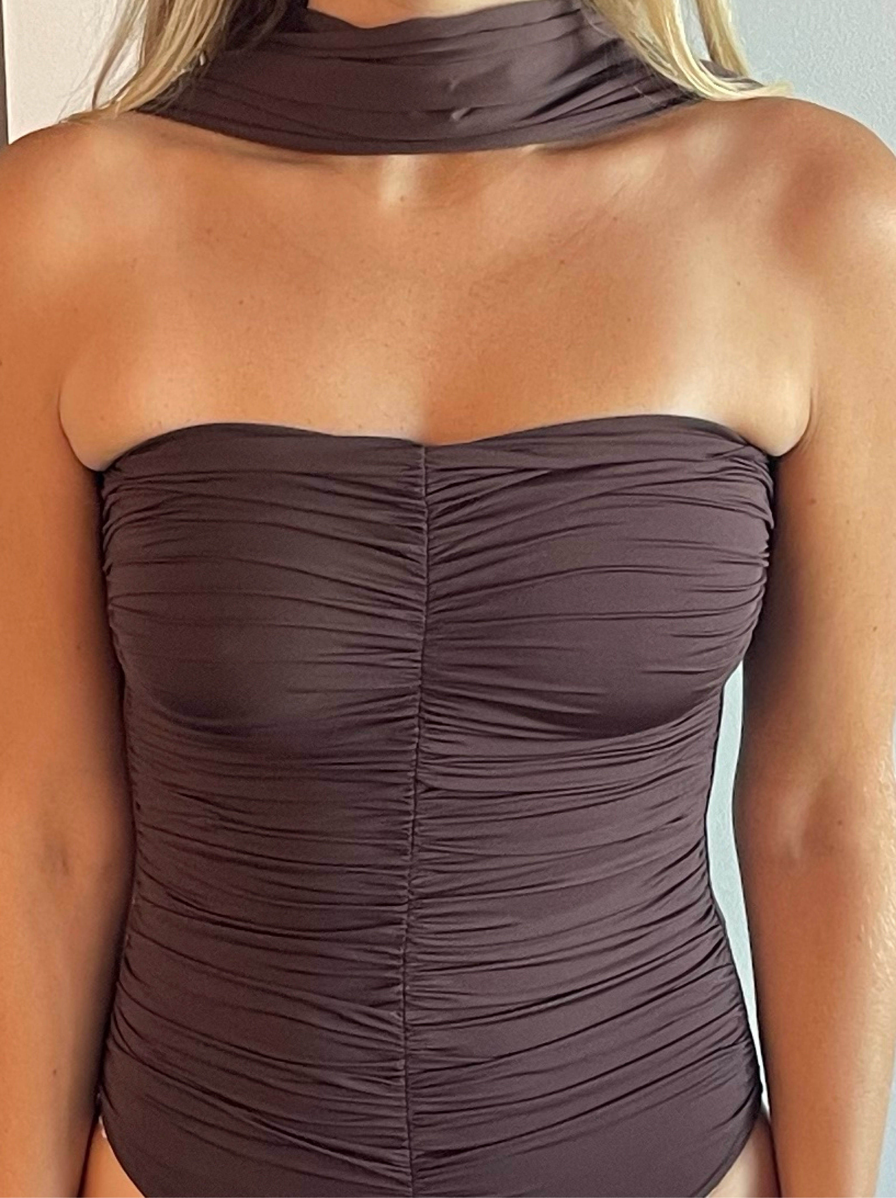 Brown Ruched Strapless Swimsuit/ Bodysuit