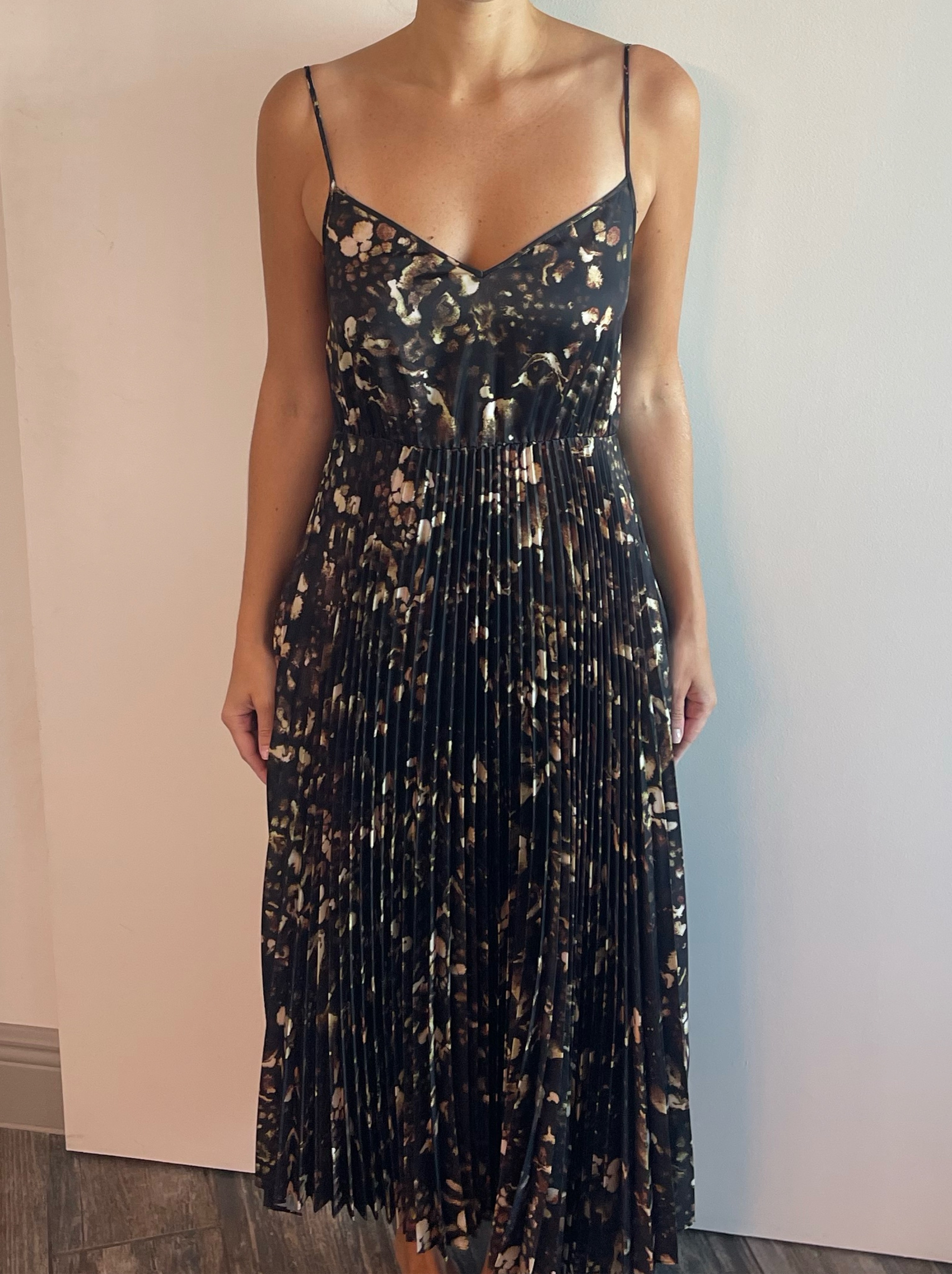 Black Floral Metallic Pleated Midi Dress