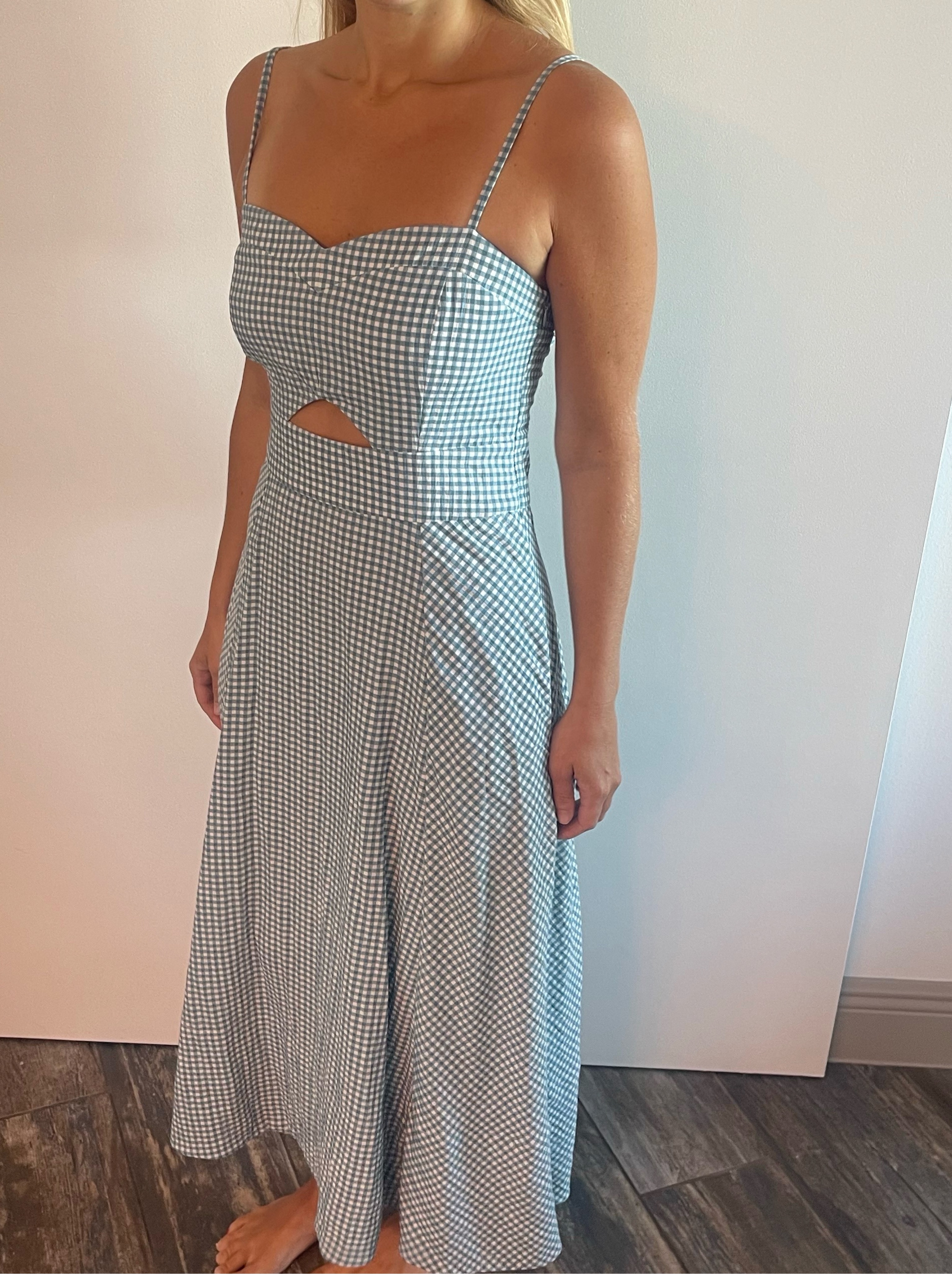 Blue Gingham Cutout Midi Dress