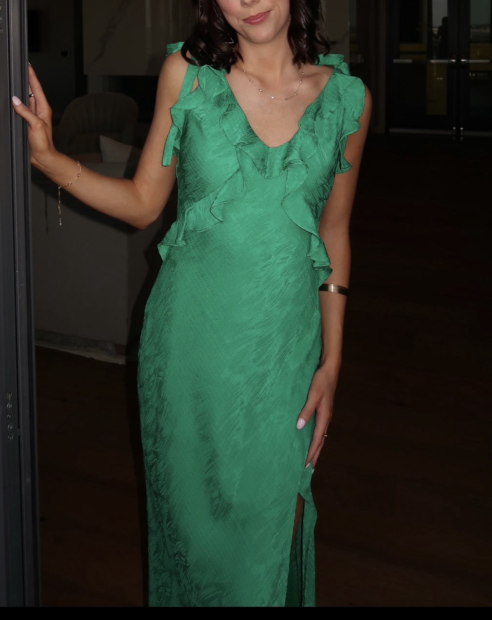 astr formal dress ASTR the Label | Adelina Satin Ruffle Maxi Dress in Blue main image 0