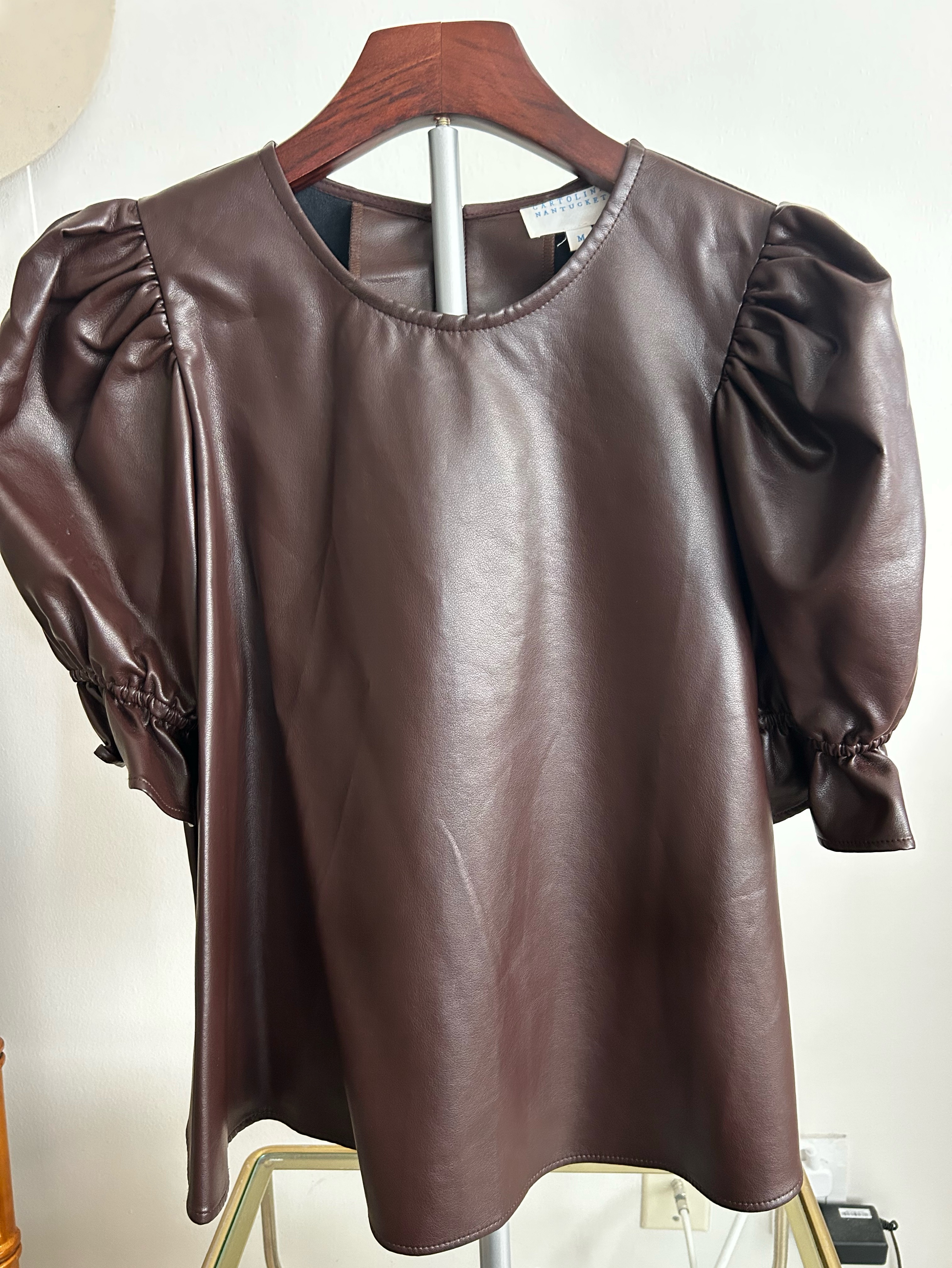 Brown Leather Puffed Sleeve Top