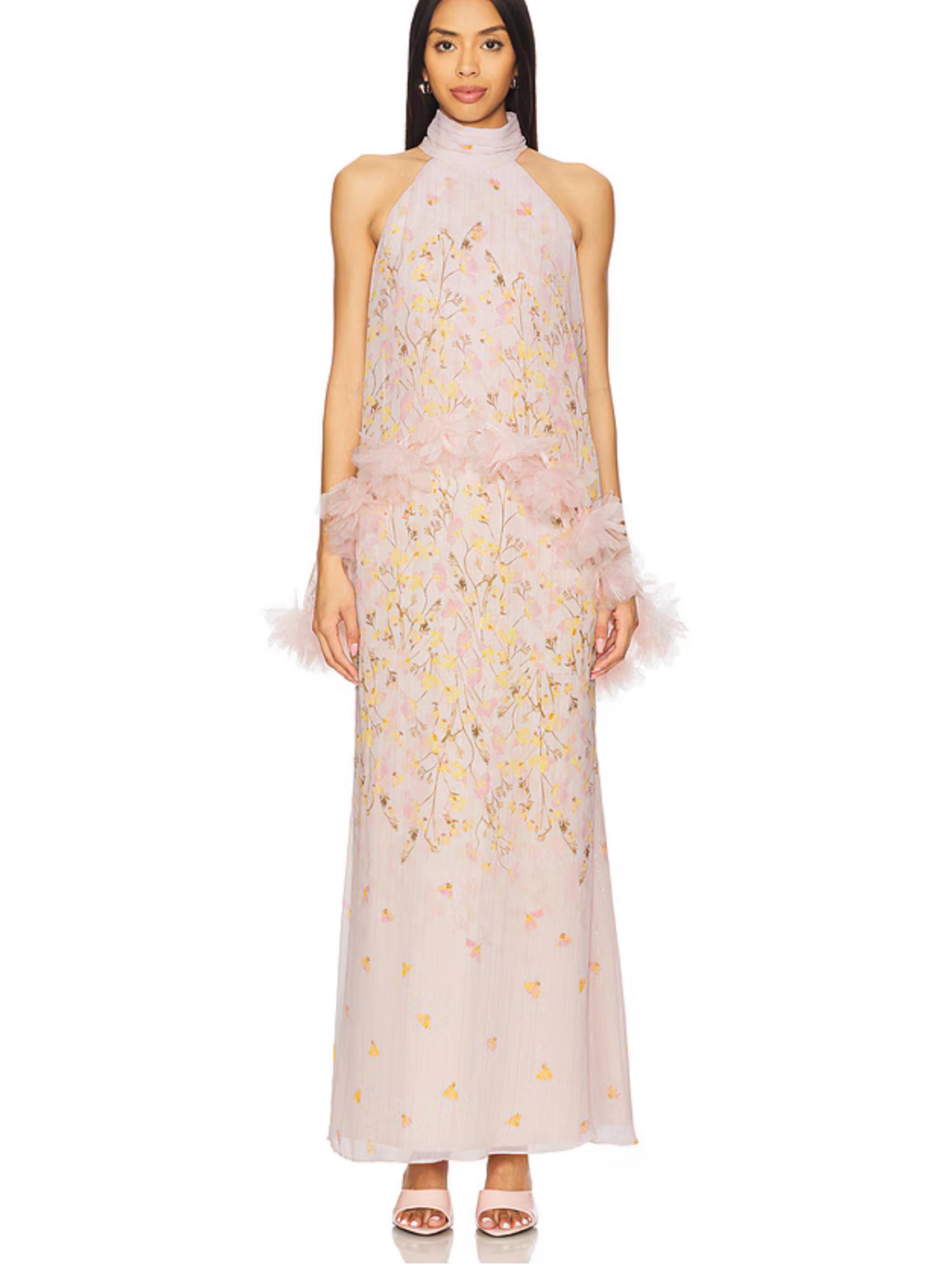 Blush Embellished Tulle Halter Gown
