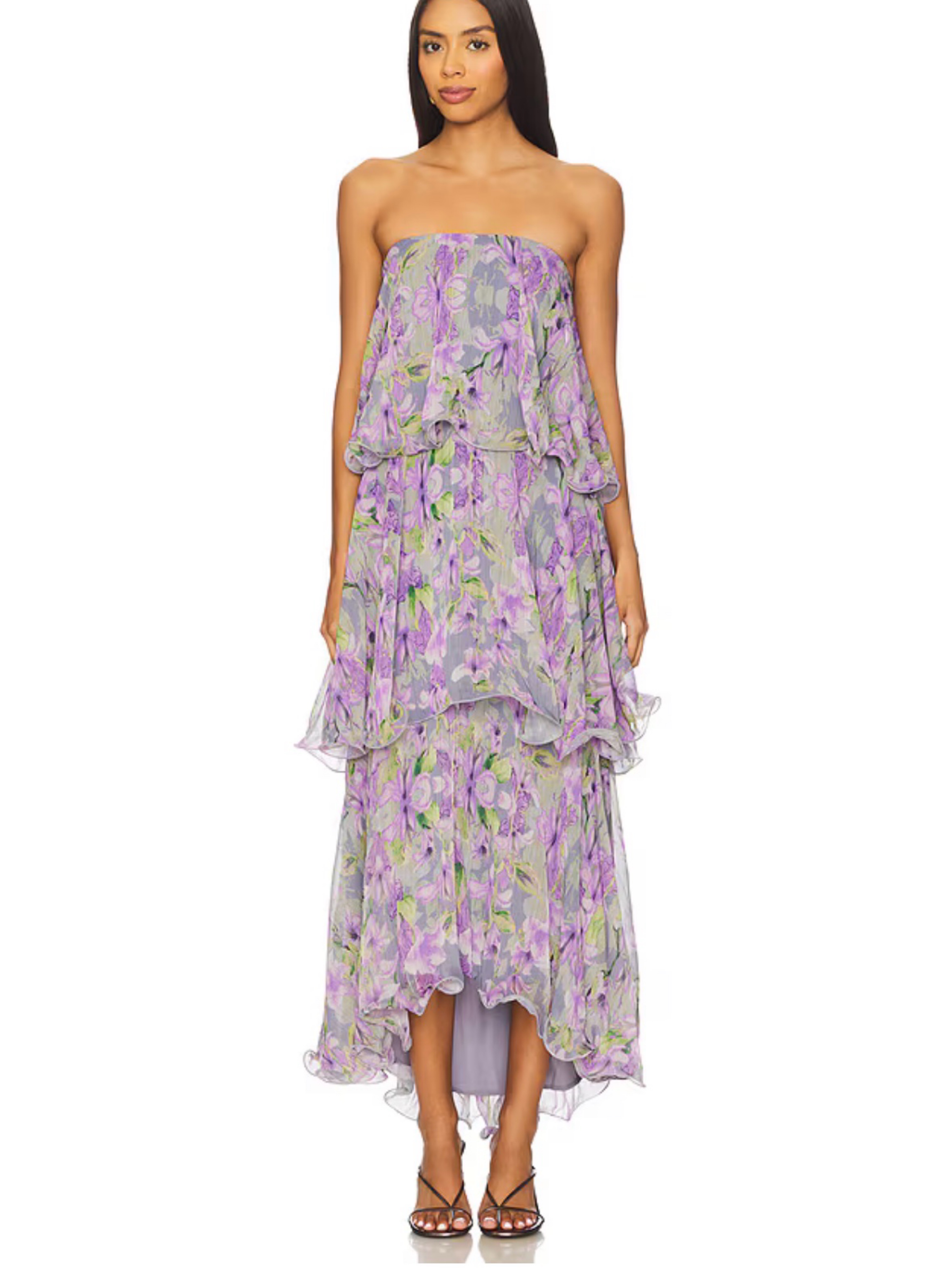 Purple Floral Chiffon Tiered Maxi Dress