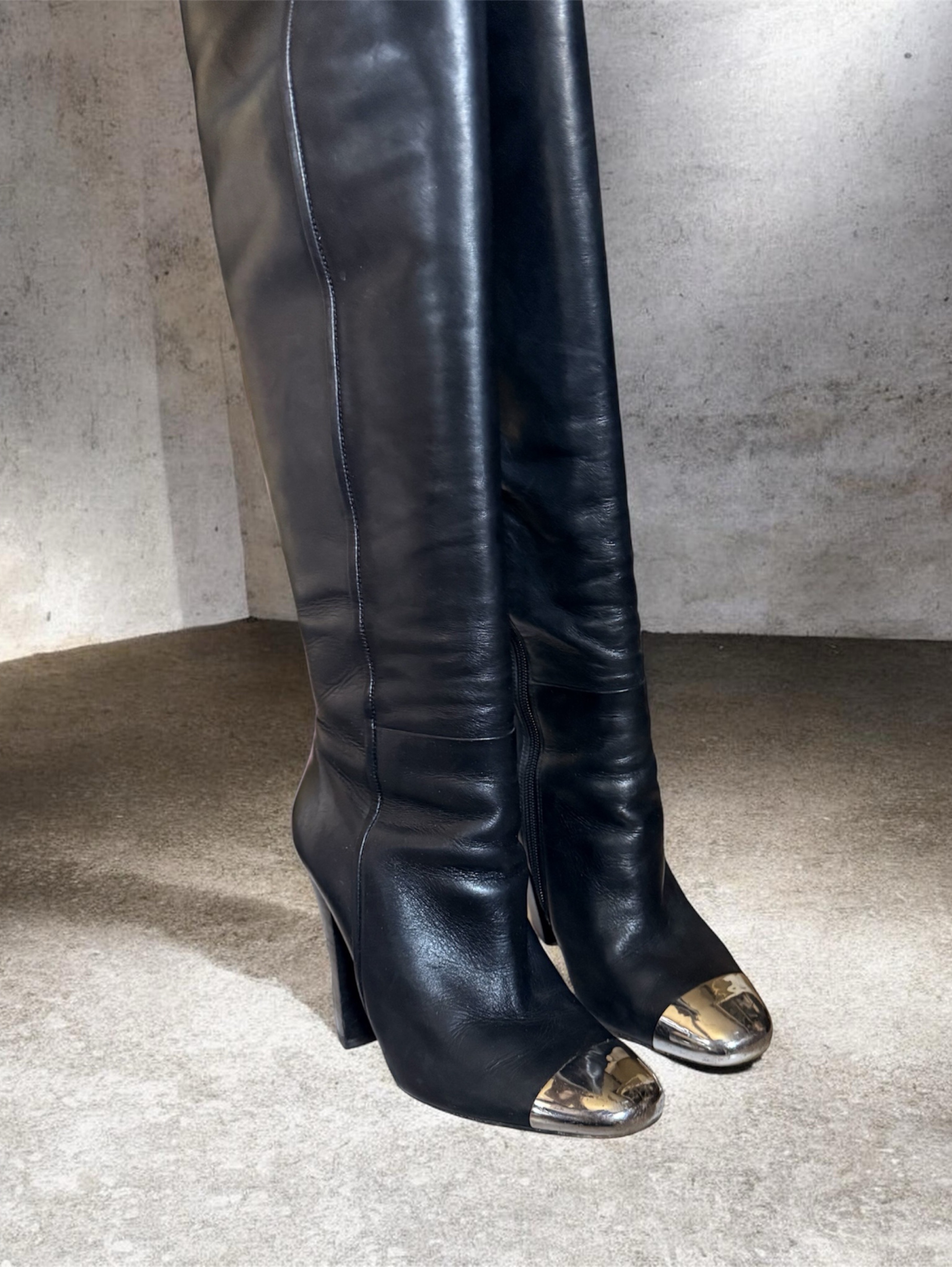 Chanel inspired knee high silver cap boots size -8.5