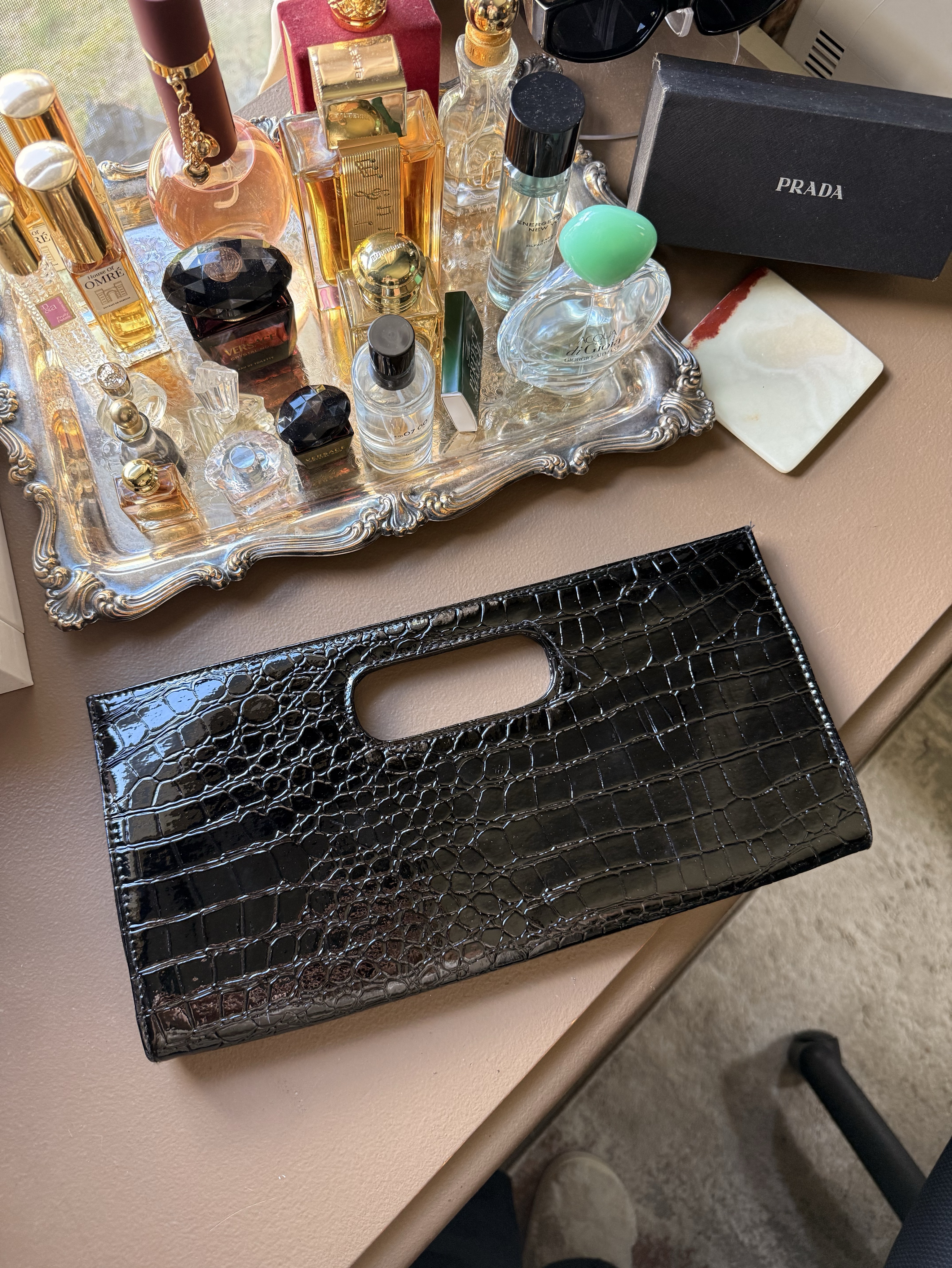 Black crocodile embossed clutch