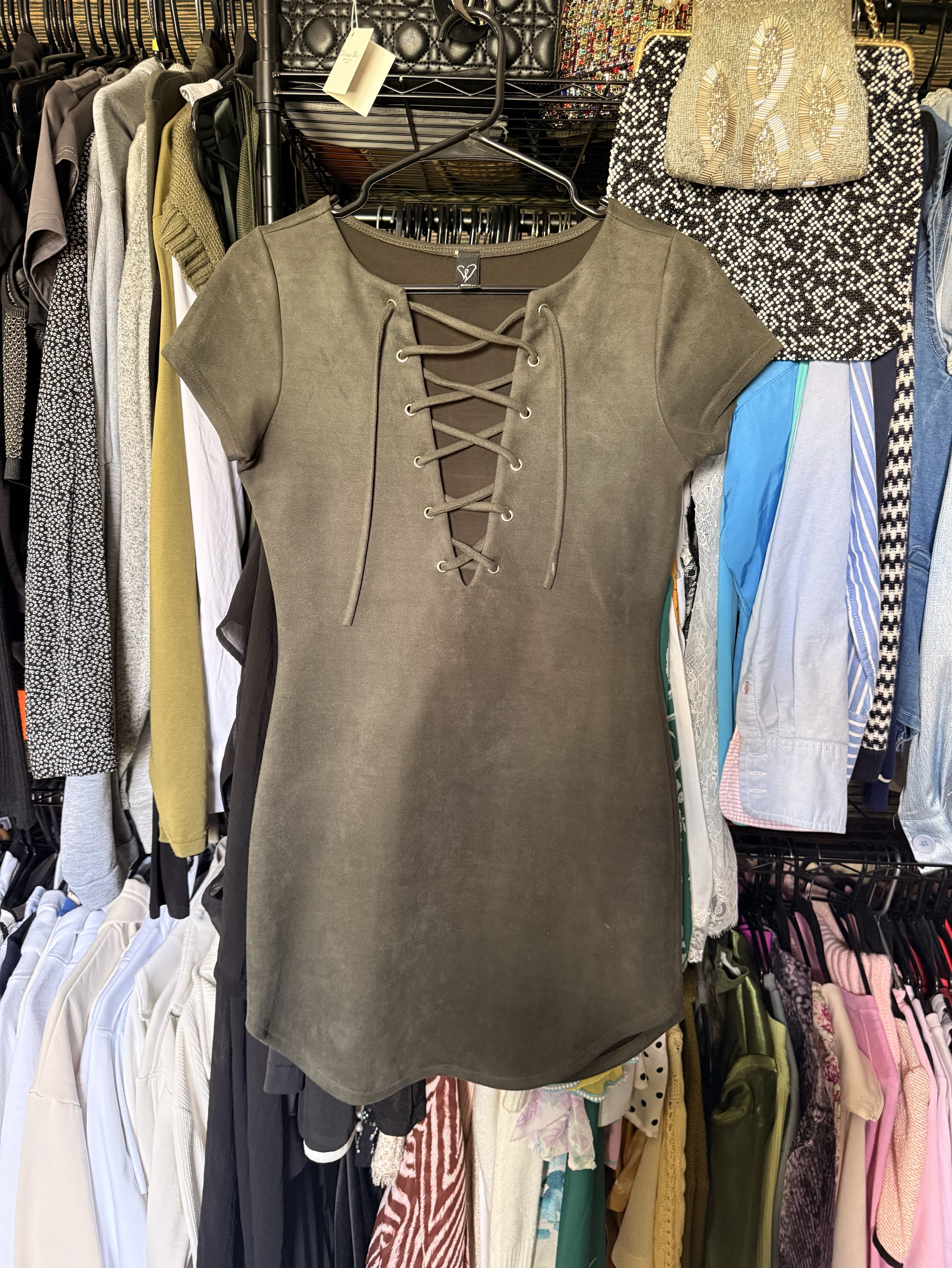 Windsor olive faux suede lace up mini dress-size m