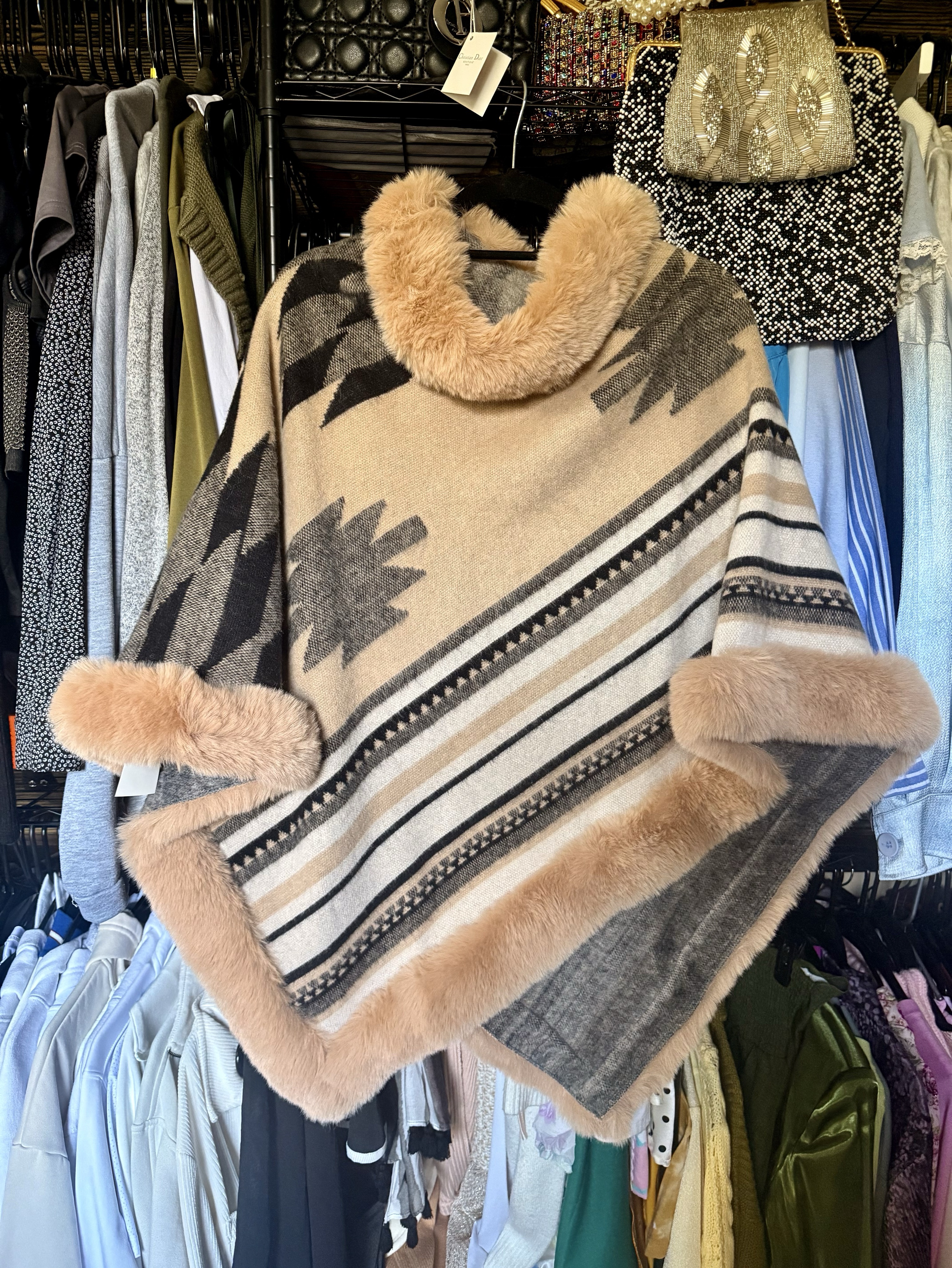 Aztec-print faux fur trimmed poncho- one size