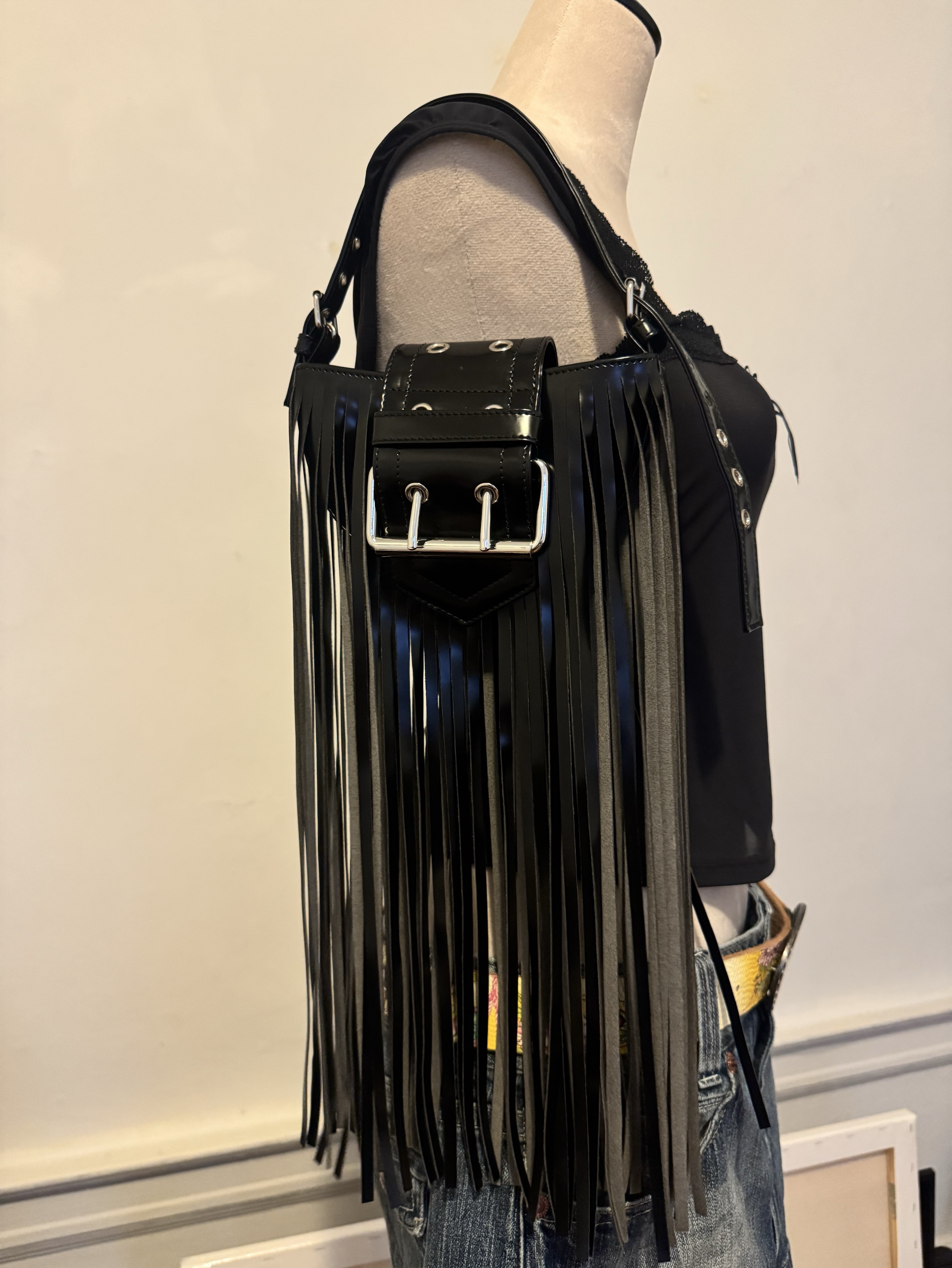 Vaquera Black Fringe Mini Chrome Buckle Shoulder Bag by Vaquera