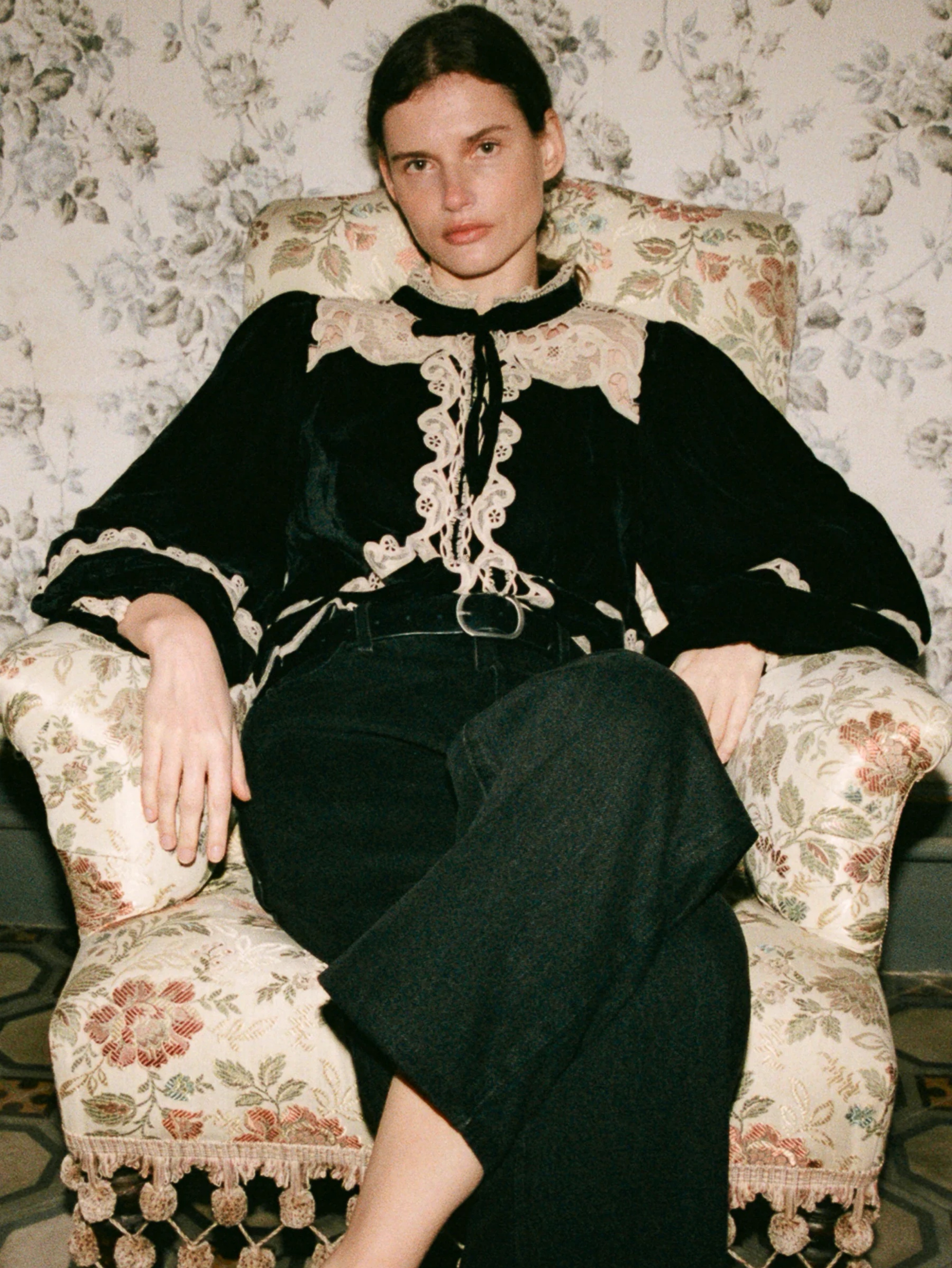 Sea New York Medina Velvet & Lace Long Sleeve Western Blouse