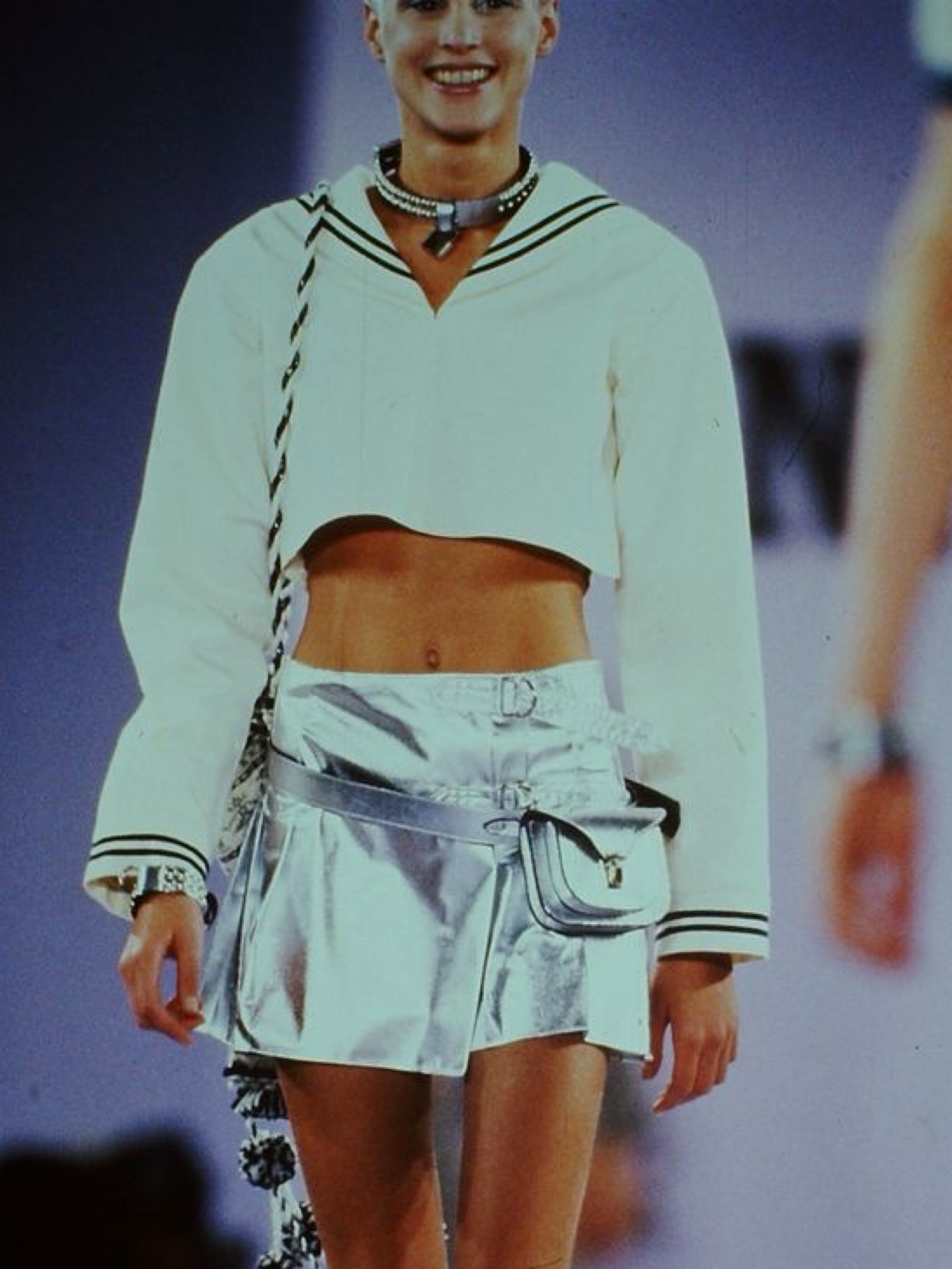 Anna Sui Spring 1994 Metallic Chrome Pleated Mini Wrap Skirt