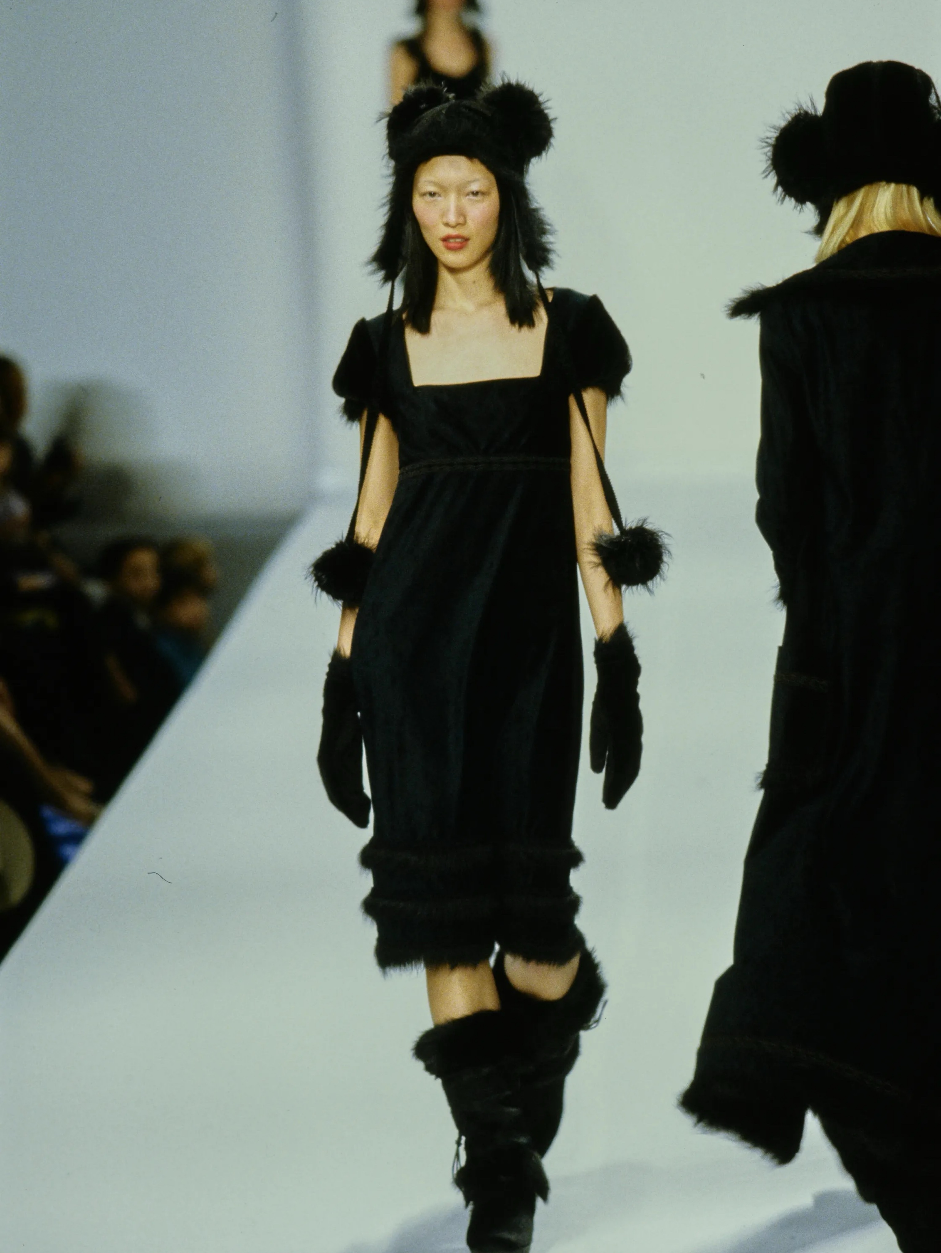 Anna Sui F/W 1998 Black Fur Trim Midi Dress