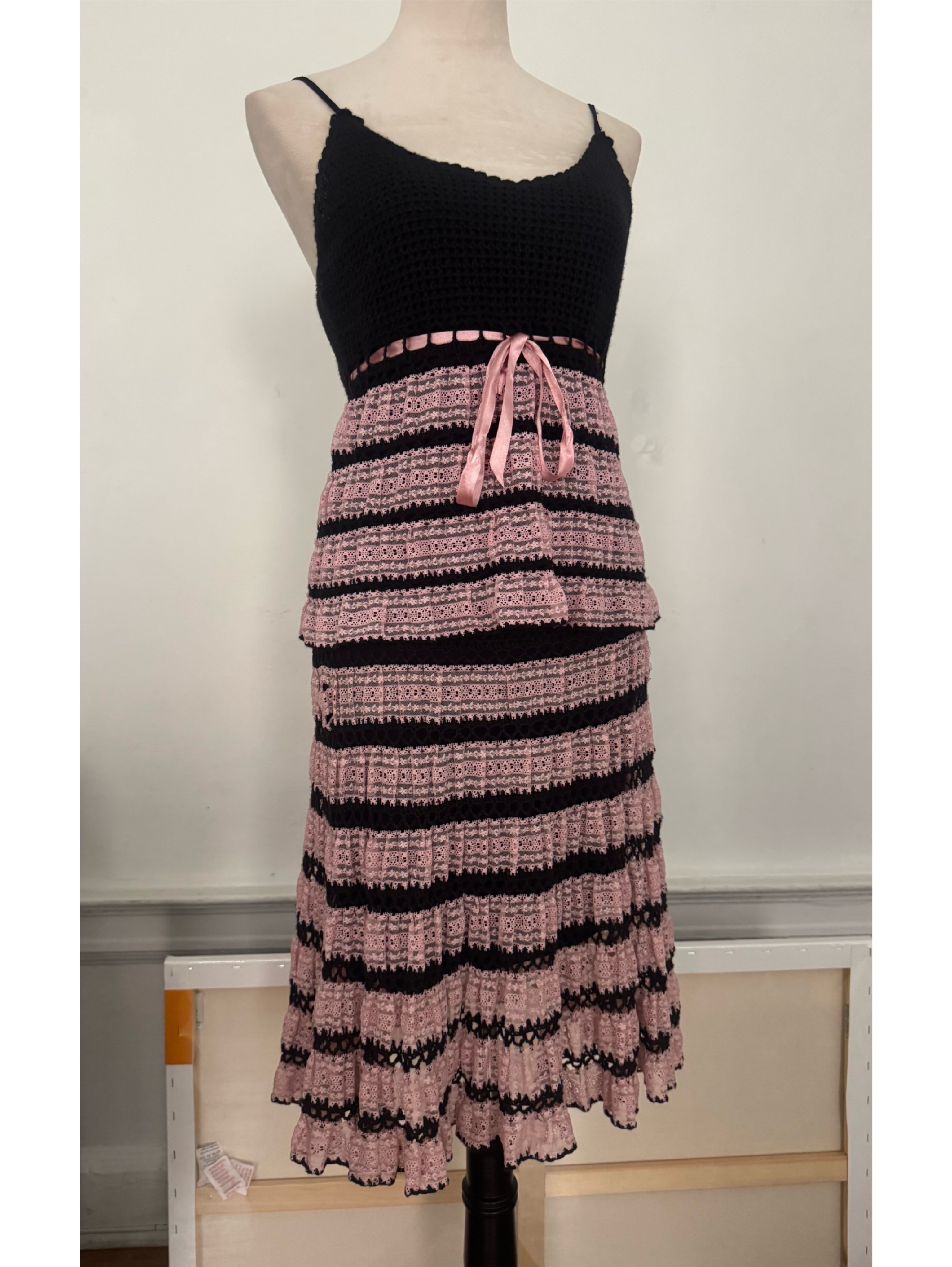 Vintage Betsey Johnson Black & Pink Striped Lace Crochet Set