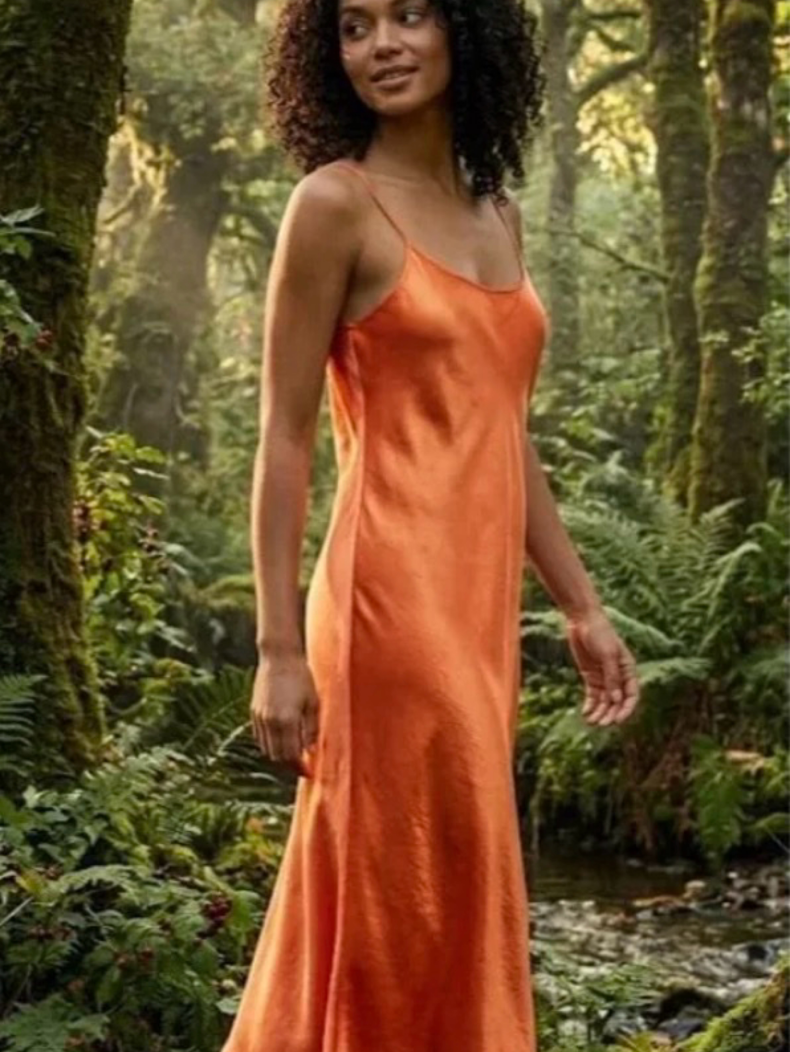 Orange Satin Slip Midi Dress