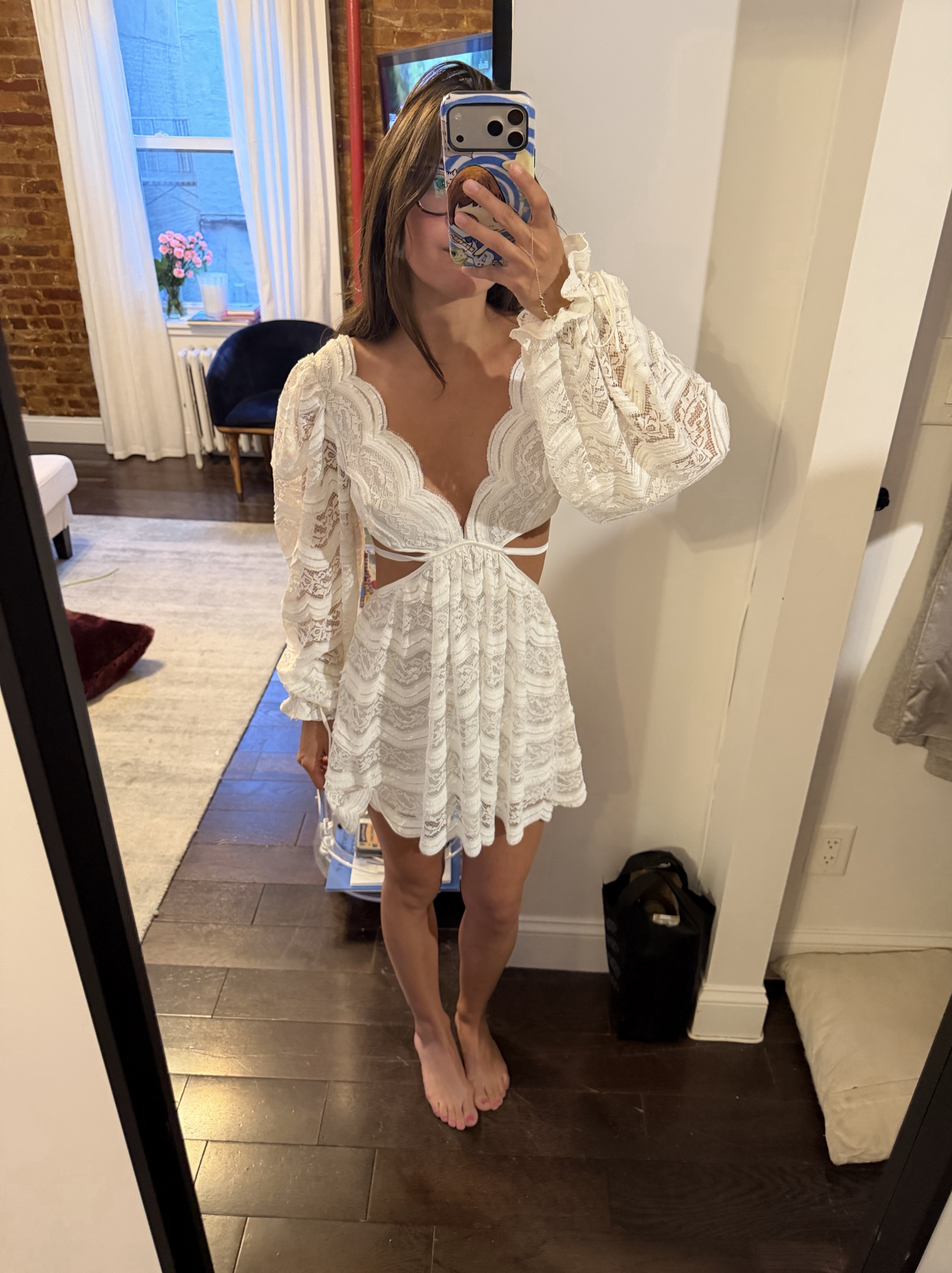 for love & lemons white lace dress For Love & Lemons White Lace Long Sleeve Mini Dress Nude Small