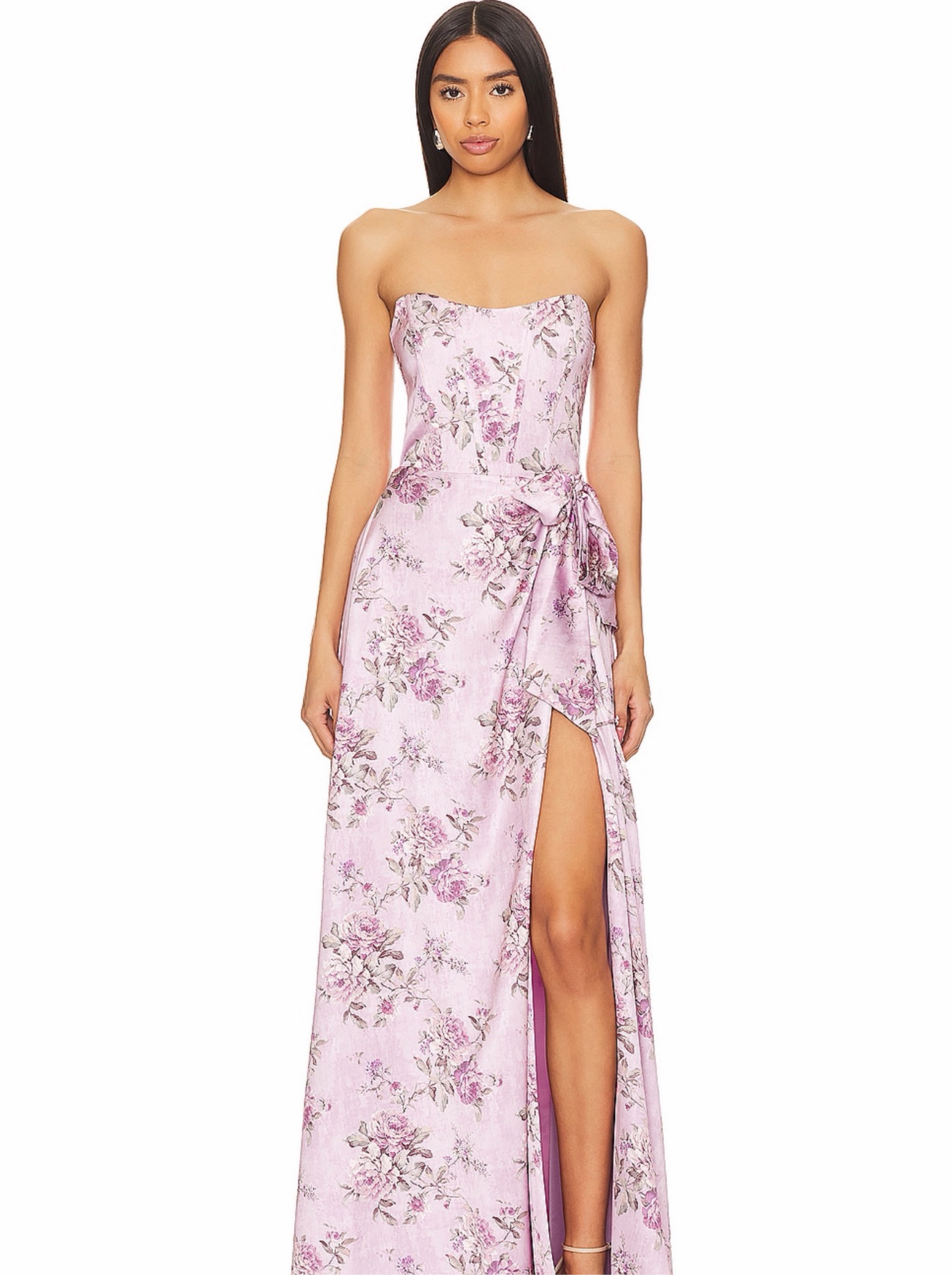 V Chapman Lavender Floral Print Strapless Maxi Dress