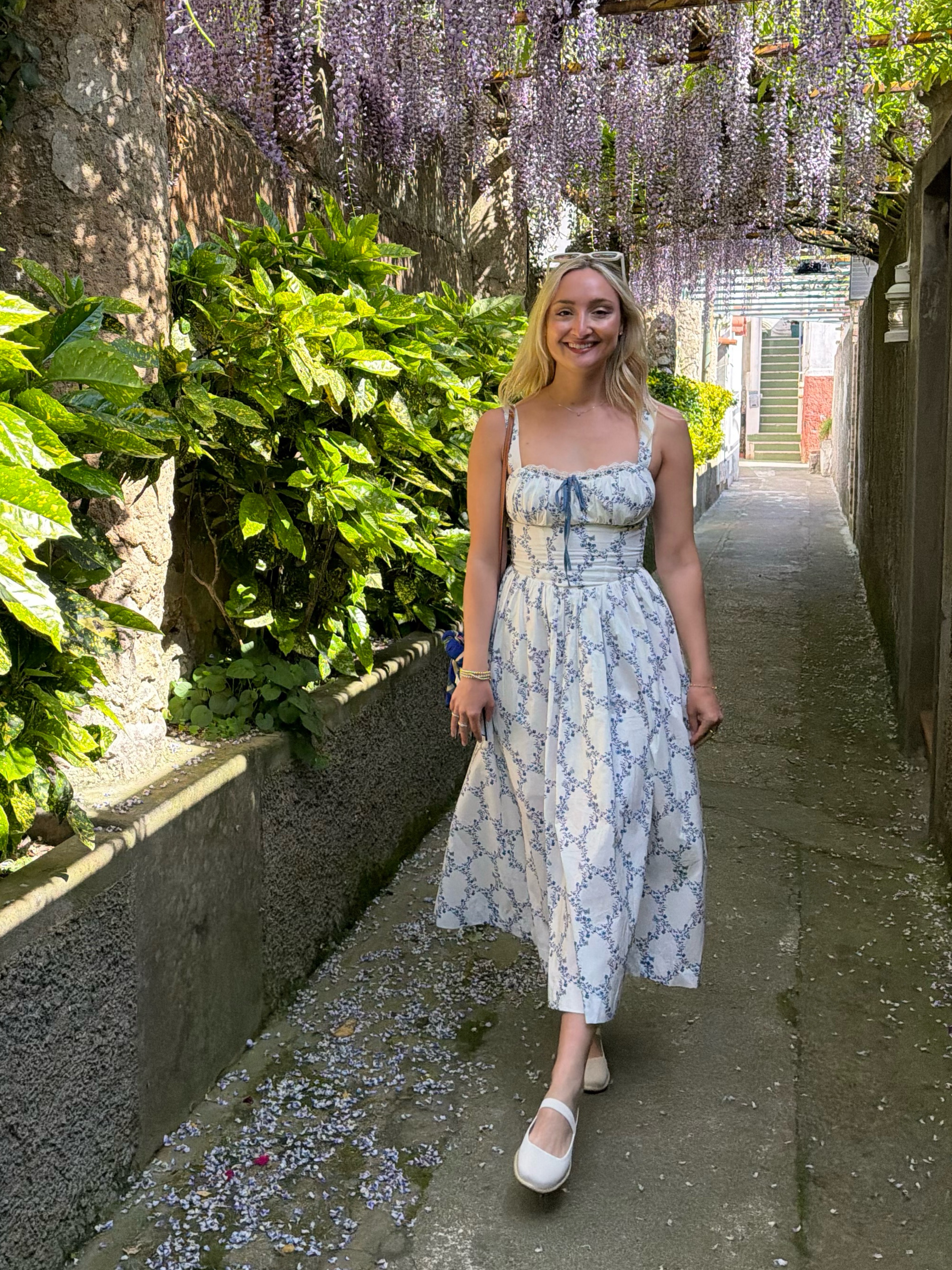 Cream Blue Floral Print Midi Dress