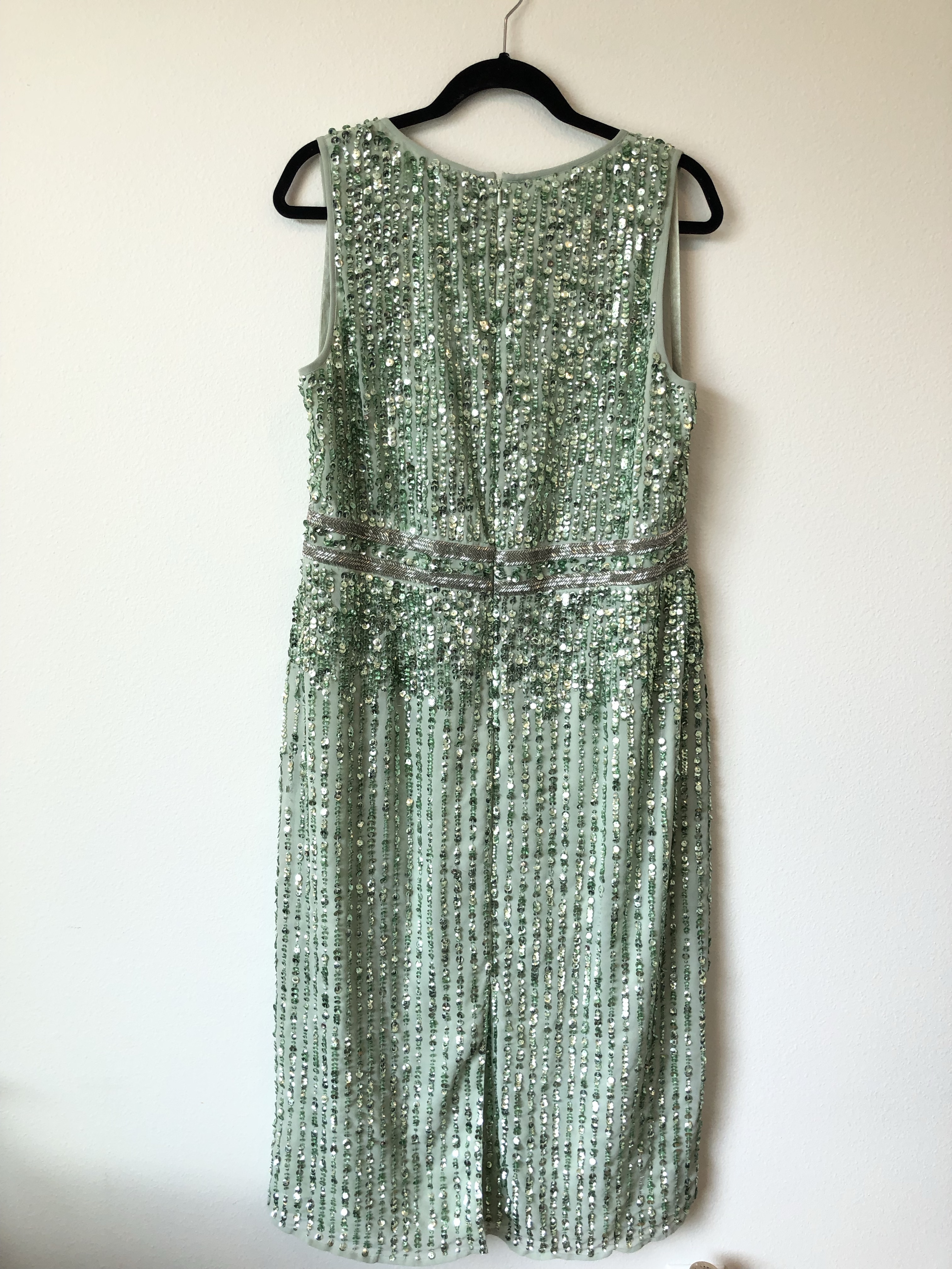 Mac Duggal Sage Green Sequined Sleeveless V-Neck Midi Sheath Dress Size 16  by Mac Duggal - Pickle